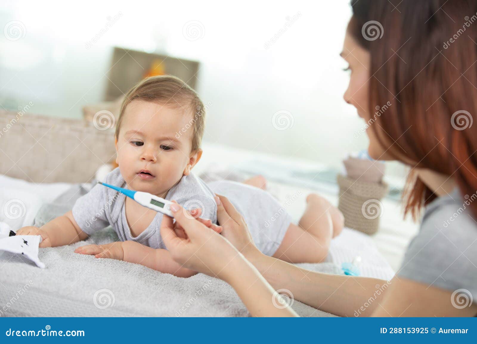 Kid with High Fever and Mother Taking Temperature Stock Image Image of childcare, female