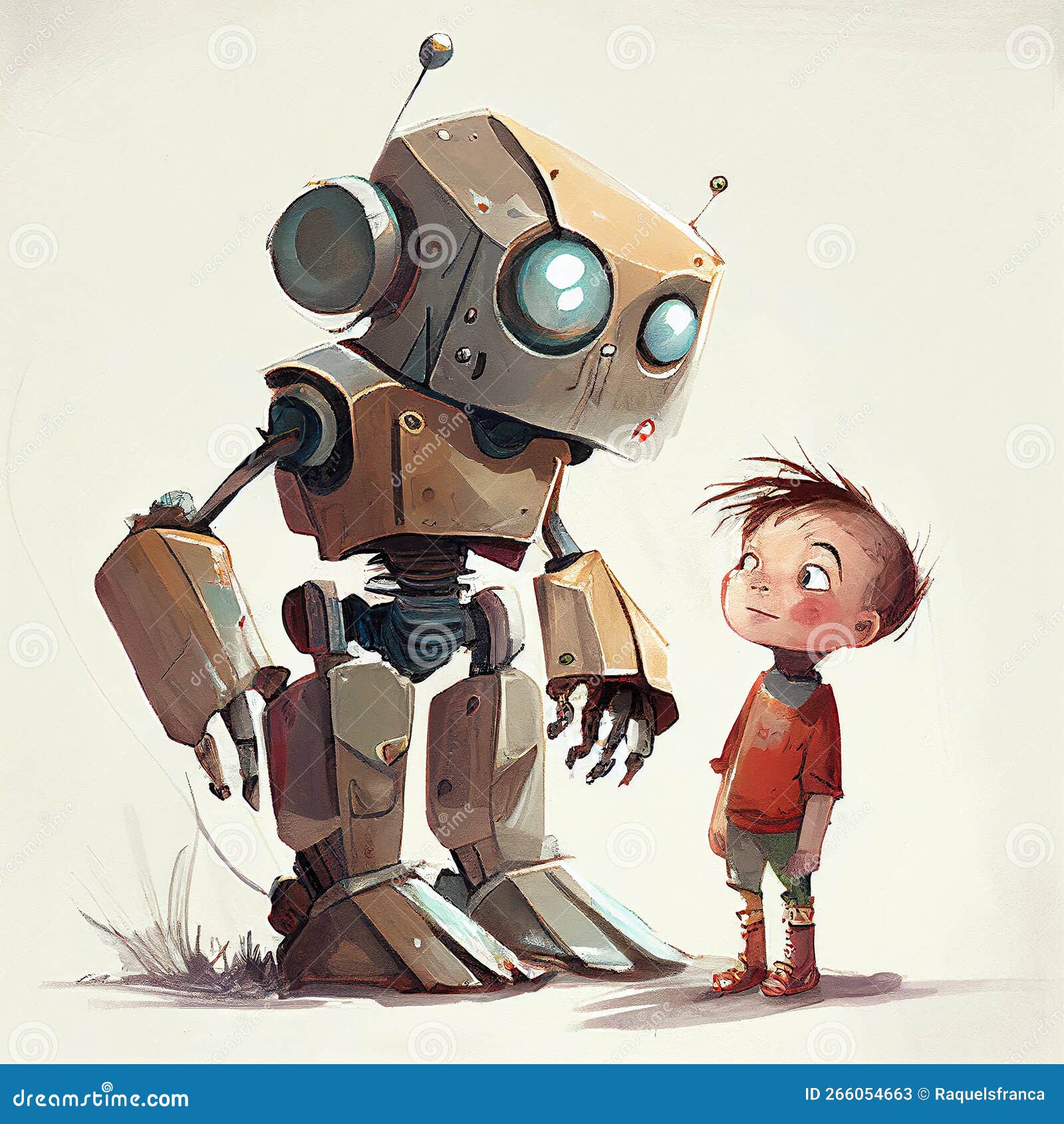 Kid with his robot friend stock illustration. Illustration of imaginary
