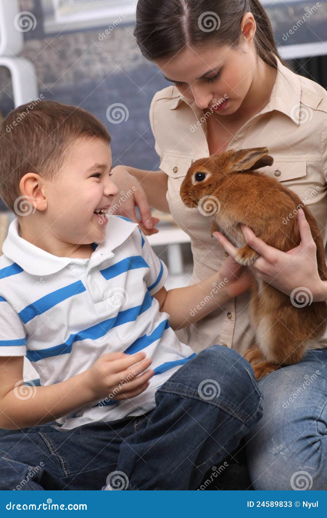 Kid and Mom with Pet Rabbit at Home Stock Image Image of child, easter 24589833