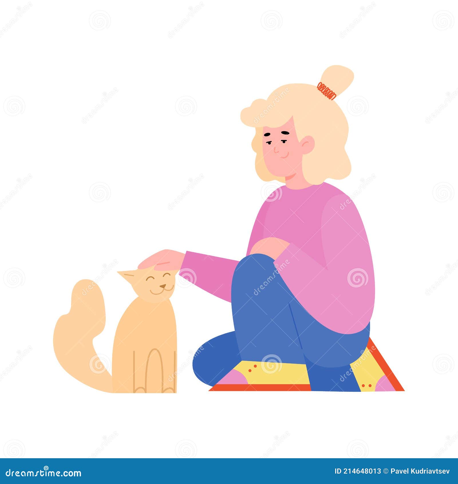 Kid Petting a Cat - Cartoon Girl with Pet Animal Sitting on the Floor ...
