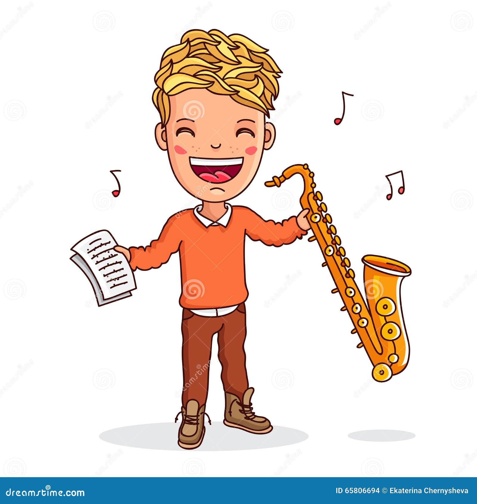 Kid playing the saxophone stock vector. Illustration of smile 65806694
