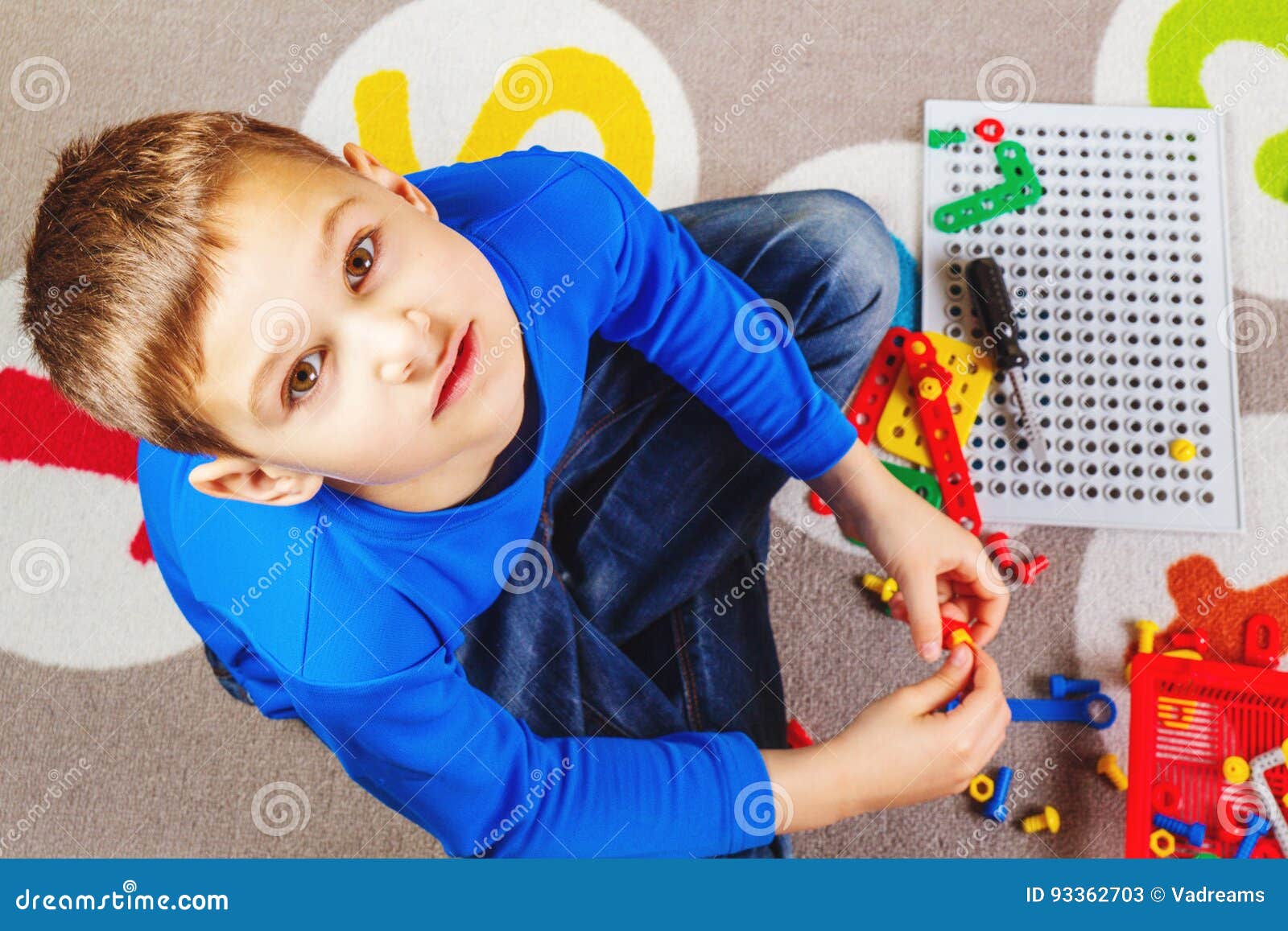 Kid Playing with Toys Tool Kit .Top View Stock Image Image of plastic