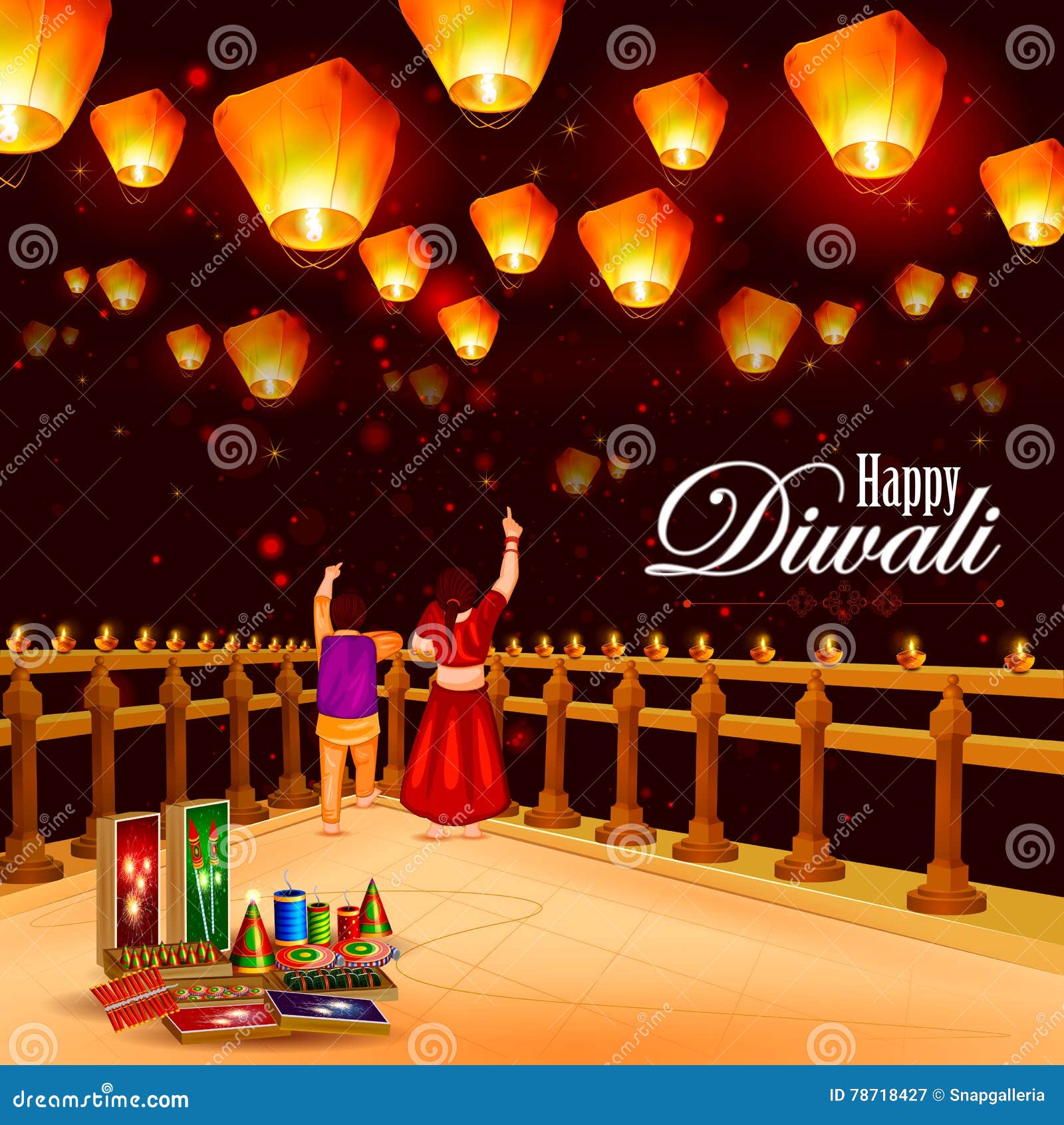 kid pointing sky lamp with cracker for happy diwali
