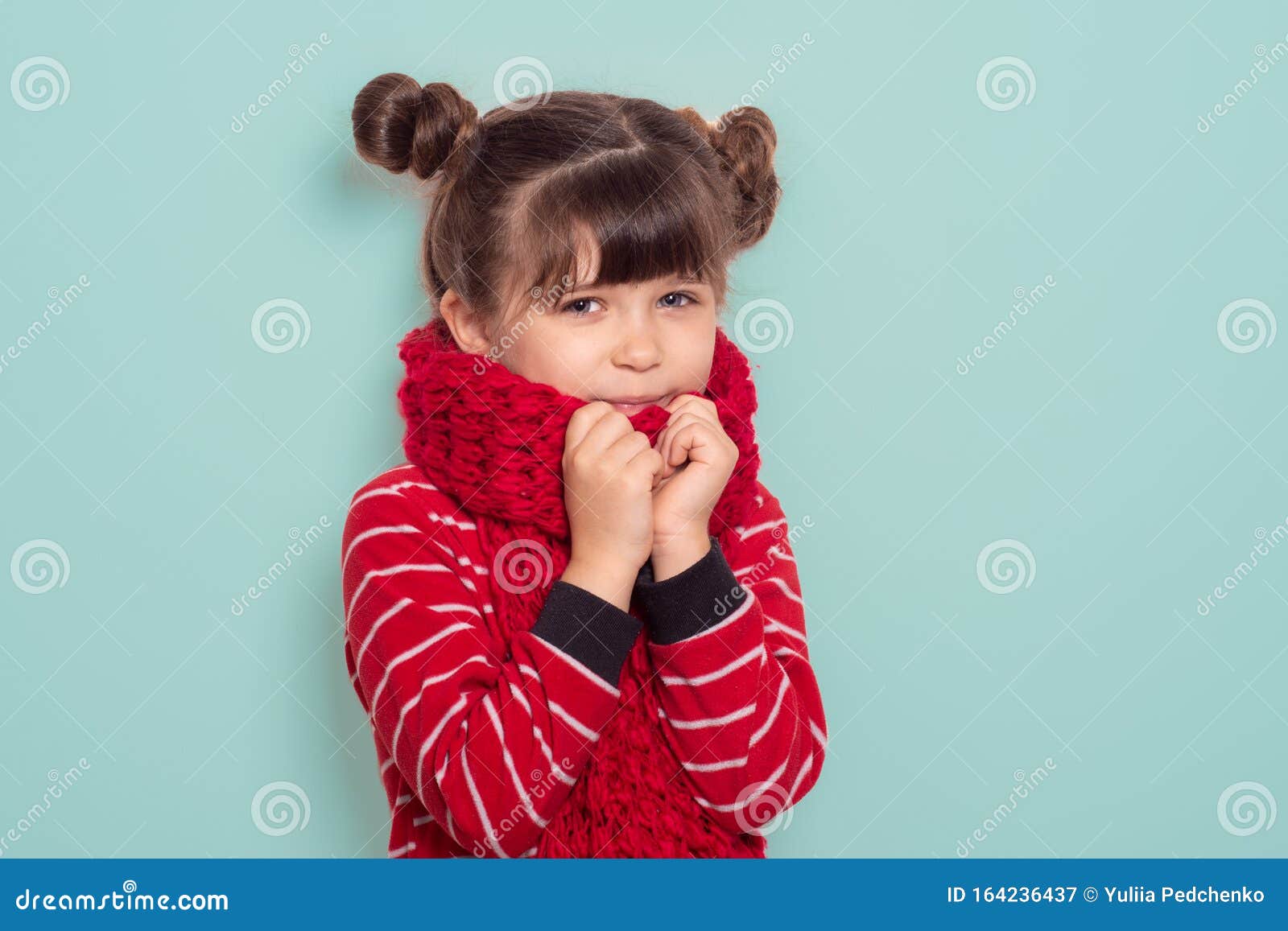 Child Portrait of a 6 Year Old Brunette, Blue Eyes, Funny Hairstyle Wearing  a Red Scarf and Sweater, Stock Image - Image of blue, clothing: 164236437