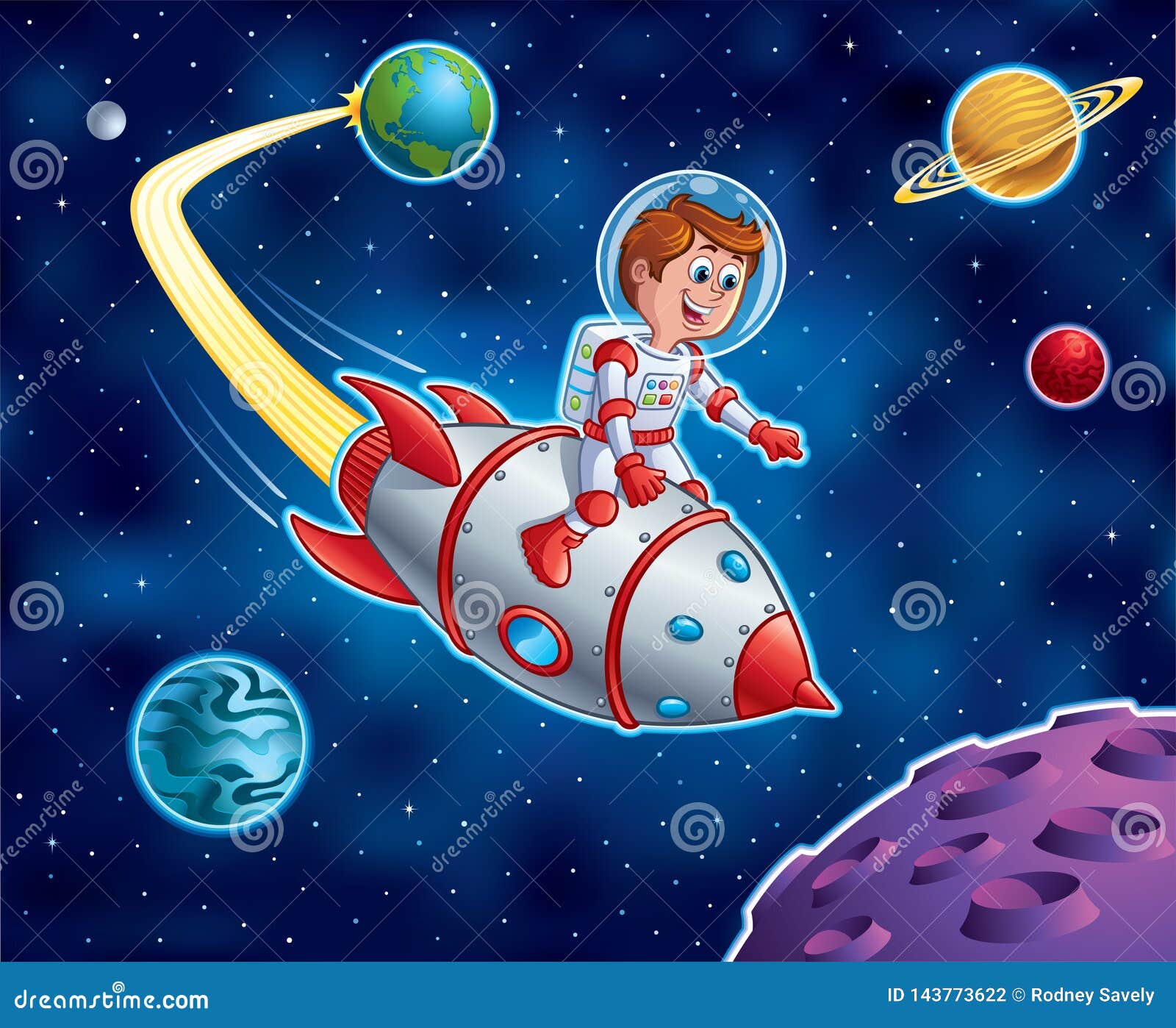 Kid Riding on Top of Rocket Ship in Outer Space Stock Illustration