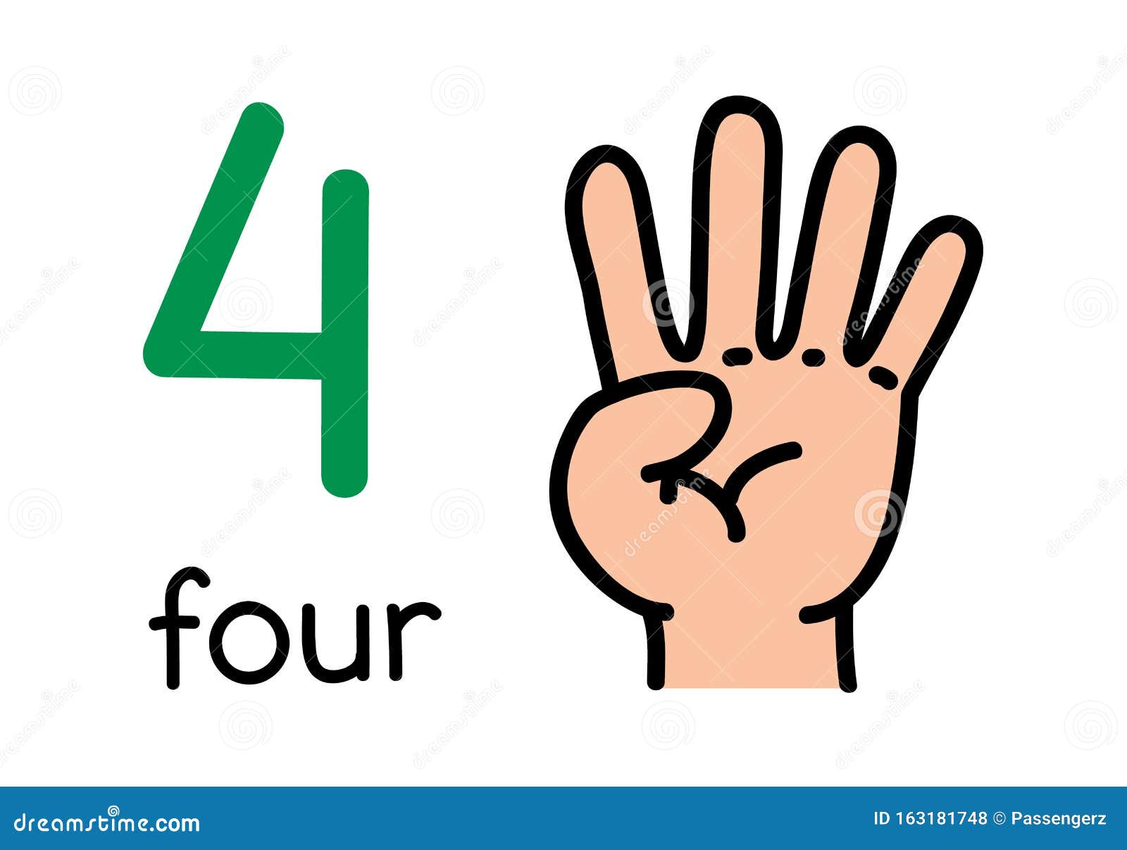 4, kid`s hand showing the number four hand sign.