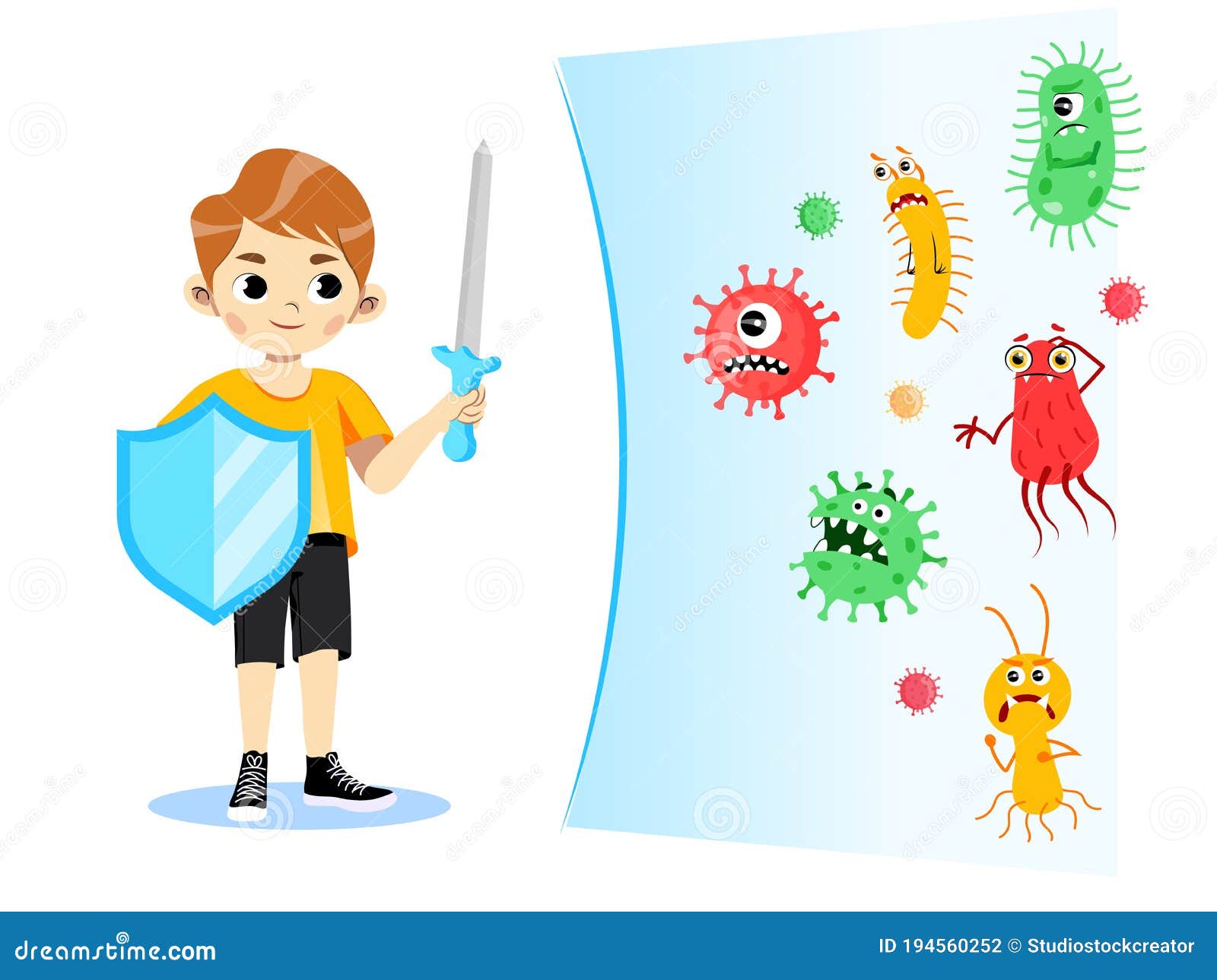 Kid S Immune Protection System, Healthcare Concept. Cartoon Boy Protecting  Himself from Bacteries , Microbes and Stock Vector - Illustration of child,  body: 194560252