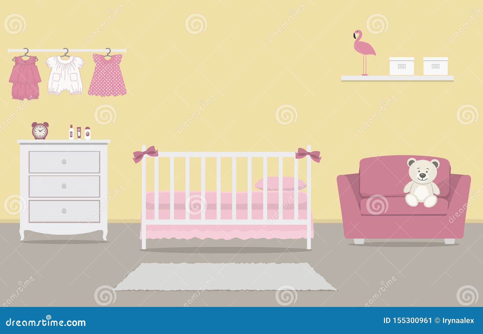 Kid`s Room for a Newborn Baby. Interior Bedroom for a Baby Girl Stock Vector - Illustration of decor, flamingo: 155300961 Kid`s Room for a Newborn Baby. Interior Bedroom for a Baby Girl Stock Vector - Illustration of decor, flamingo: 155300961