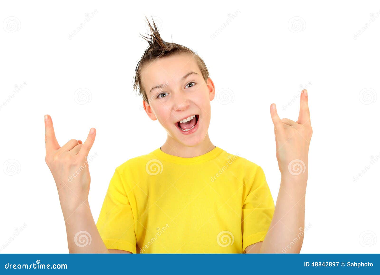 Kid with Sign of the Horns stock image. Image of heavy 48842897