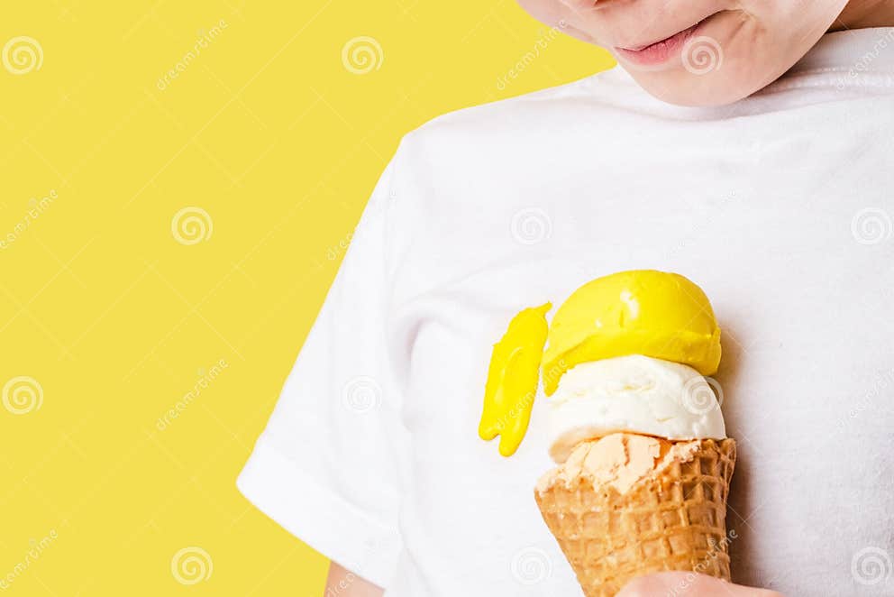 Kid Spilling Ice Cream. a Dirty Ice Cream Stain on a White T-shirt ...