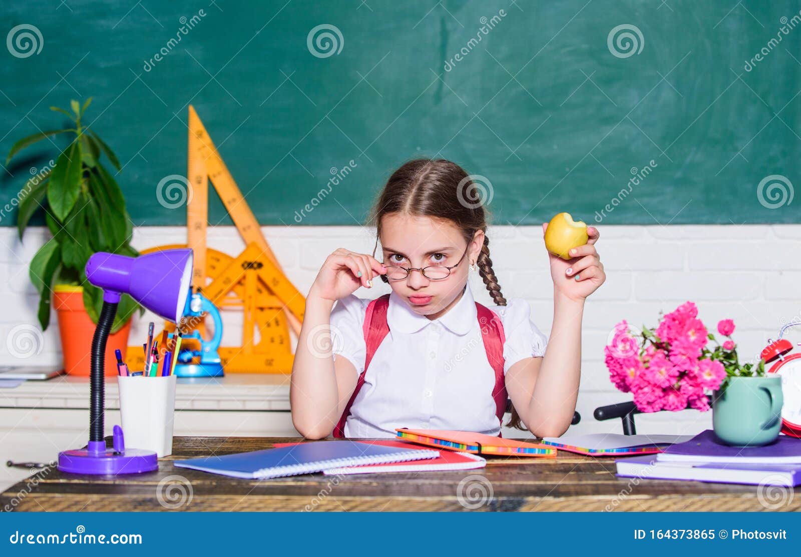 Kid Student In School Schoolgirl Sit Desk Chalkboard Background