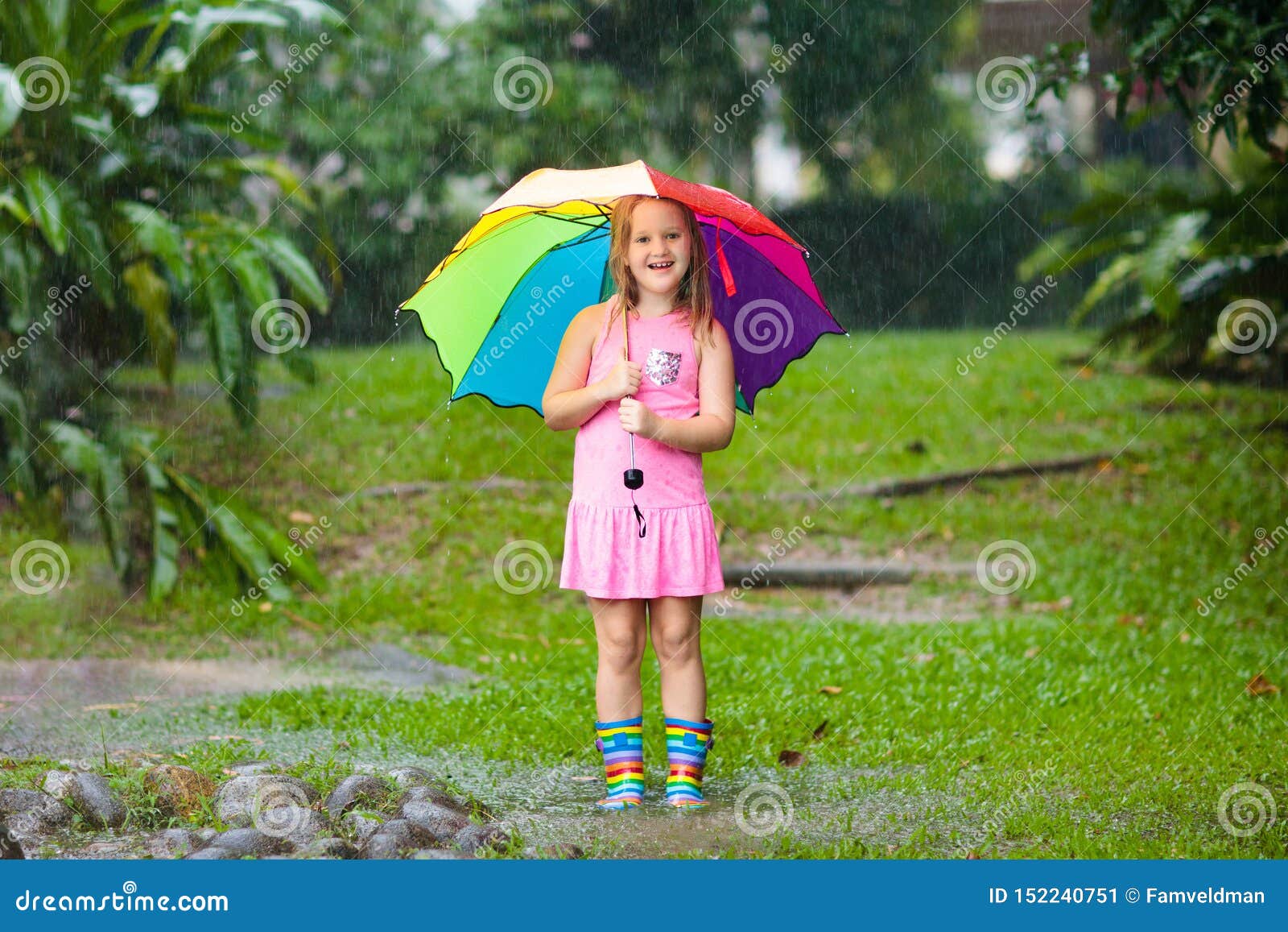 Kid with Umbrella Playing in Summer Rain Stock Image - Image of dance,  fall: 152240751
