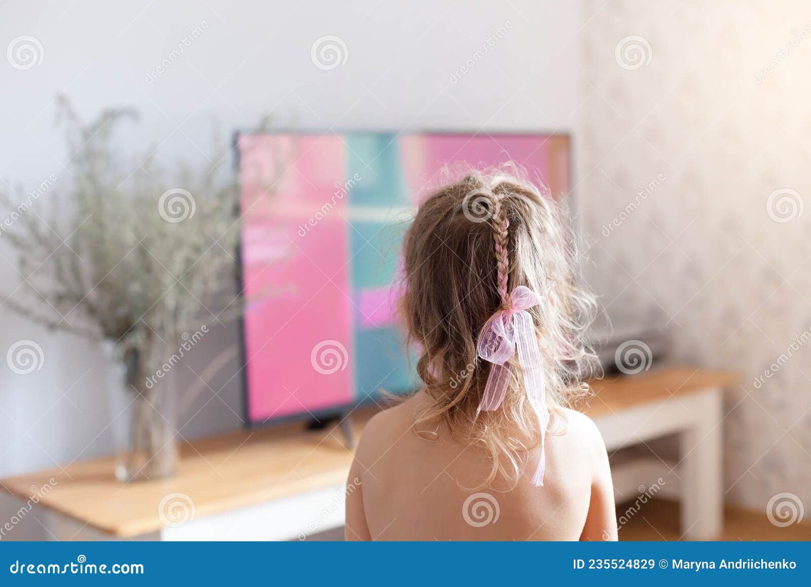 Kid Watching Television. Cute Little Girl Enjoying Cartoons. Bored Child  Likes Online Tv. Self Isolation Stock Image - Image of little, isolation:  235524829