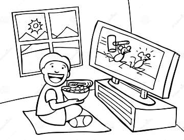 Kid Watching TV - Black and White Stock Vector - Illustration of cereal ...