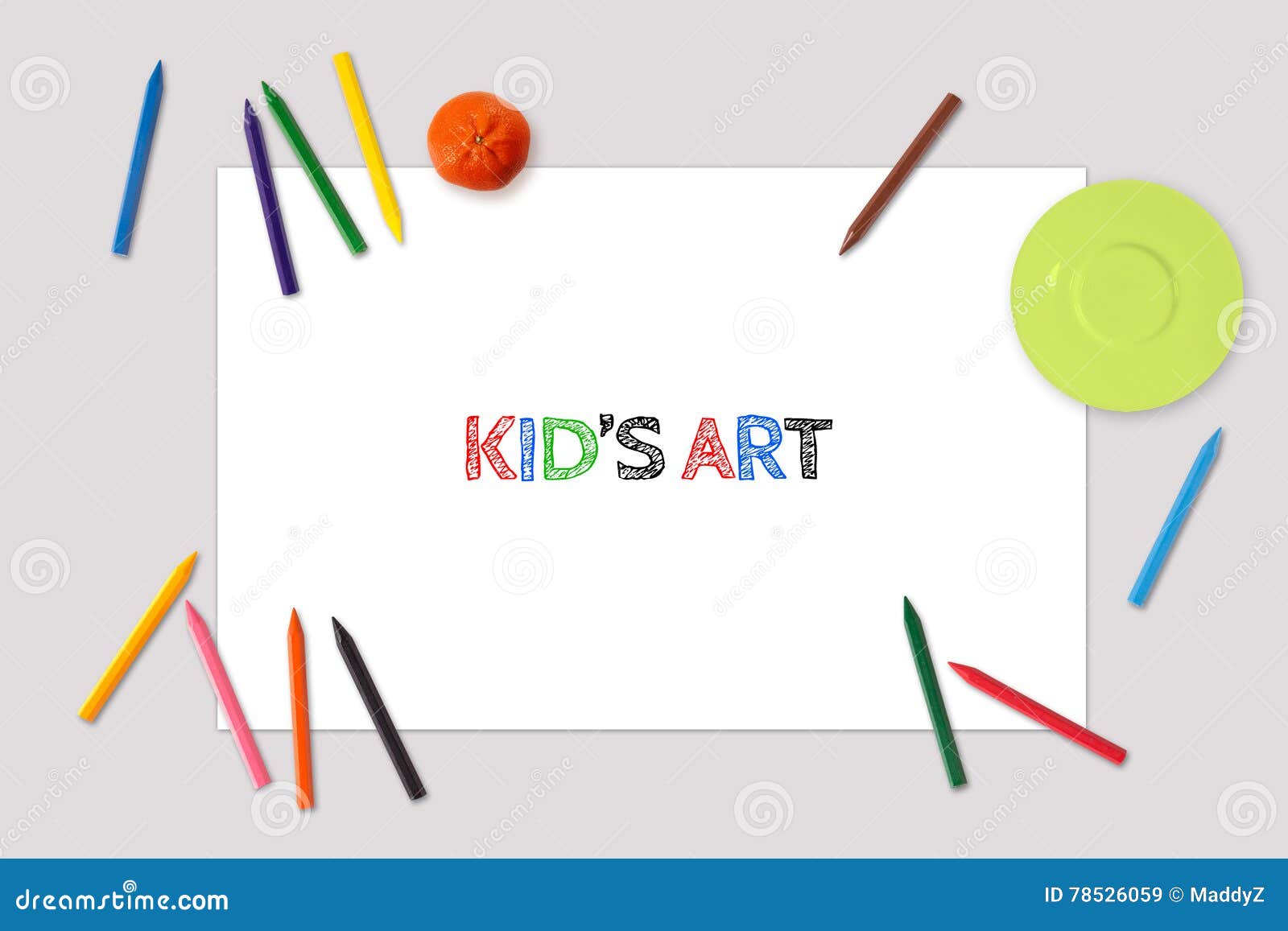 kid's art drawing mockup, top view of blank paper sheet, placemat with crayons around