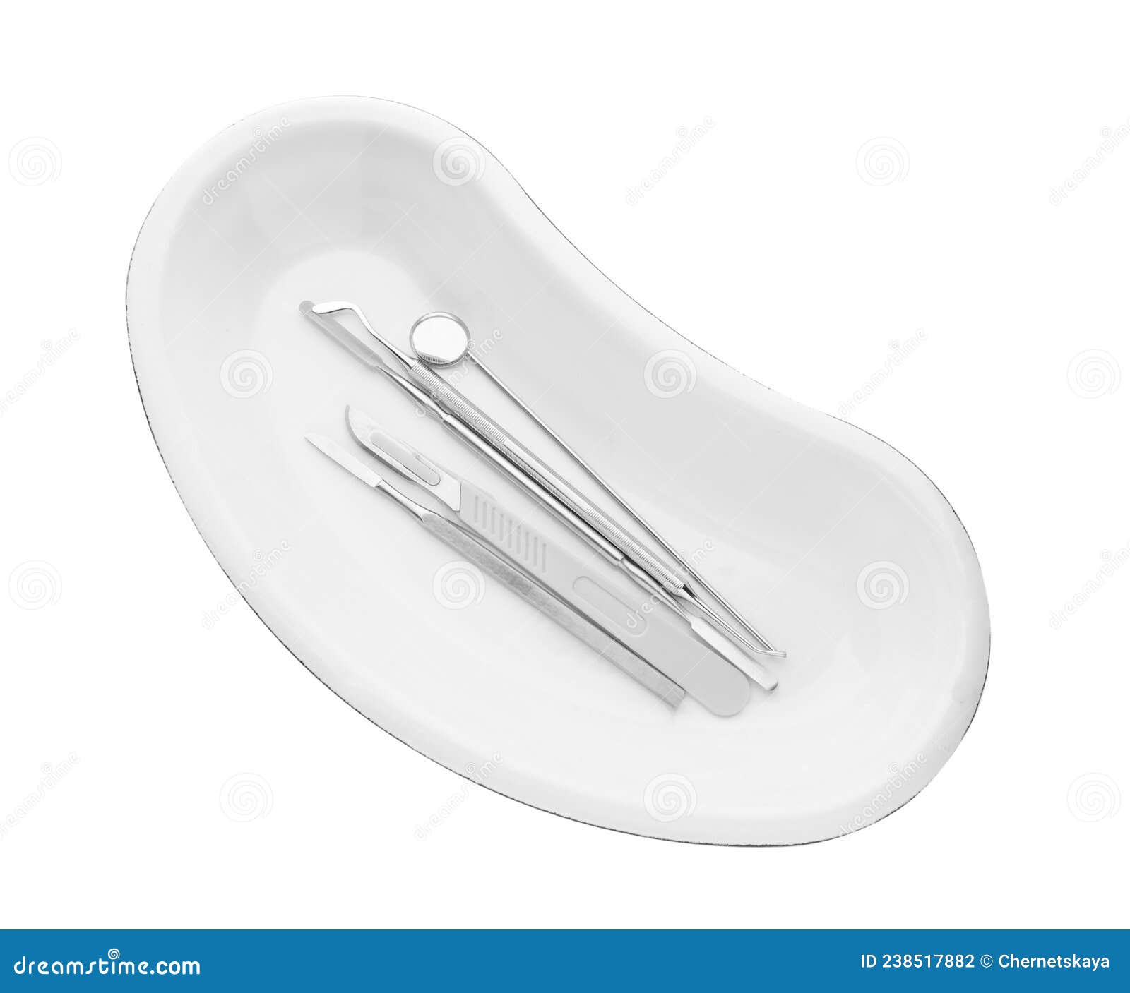 Kidney Shaped Tray with Set of Dentist`s Tools Isolated on White, Top