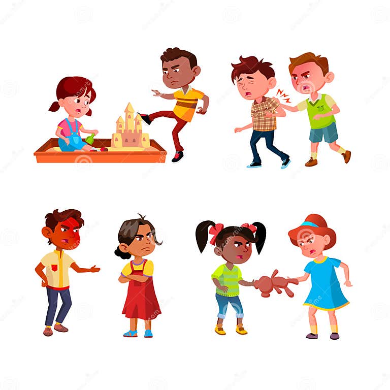 Kids Aggression Fighting and Bullying Set Vector Stock Vector ...