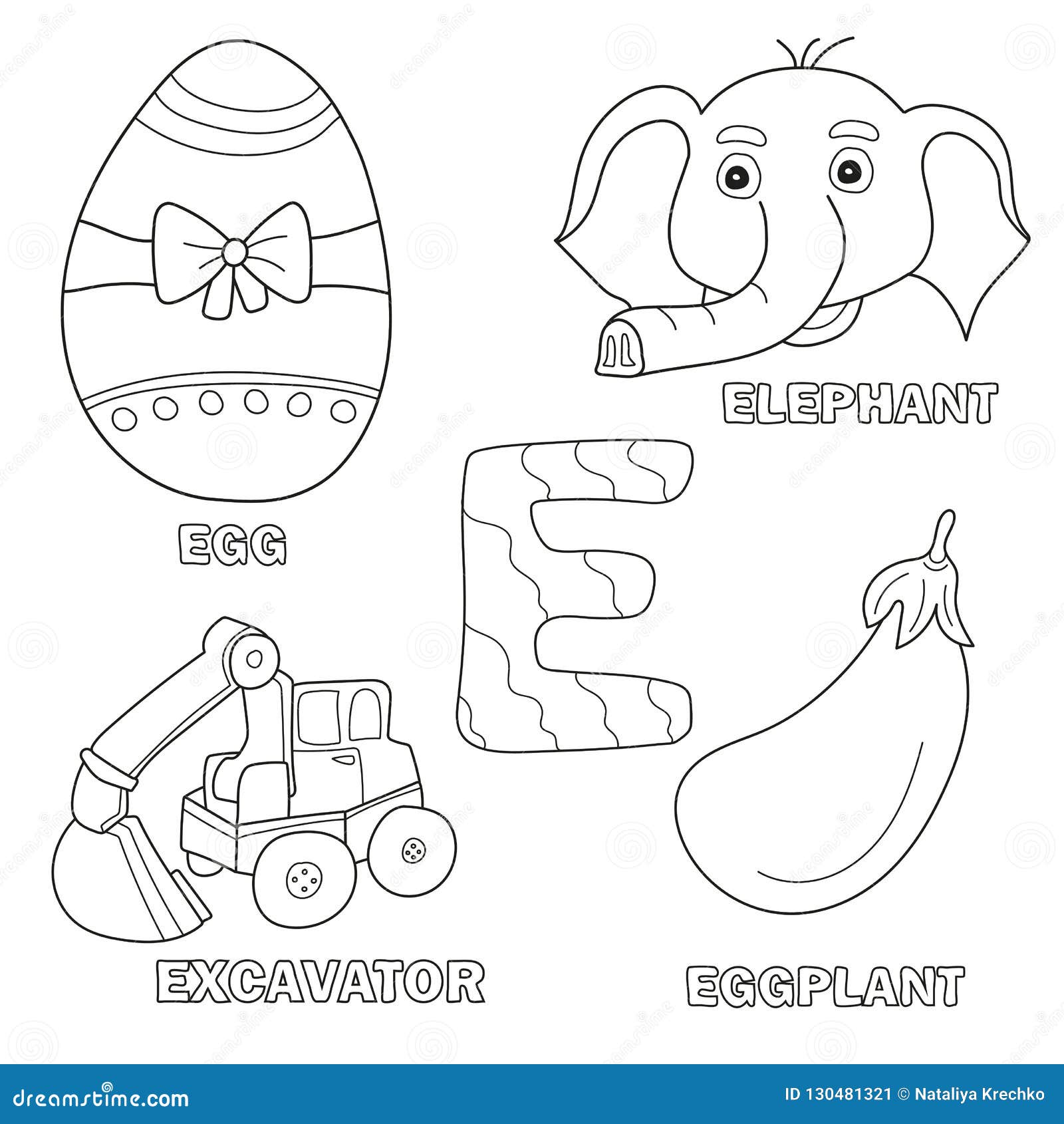 Kids Alphabet Coloring Book Page with Outlined Clip Arts. Letter E