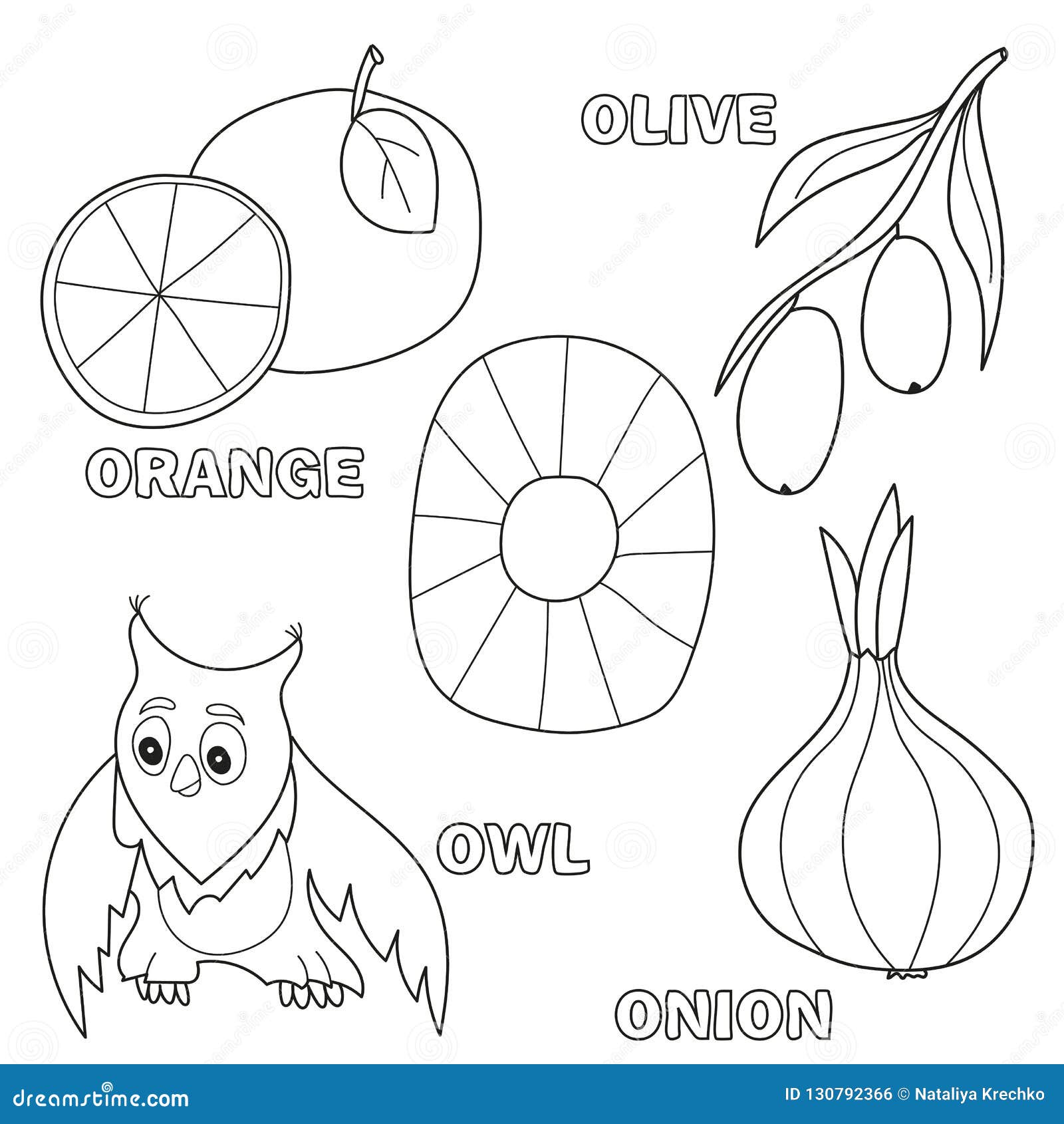 Kids Alphabet Coloring Book Page with Outlined Clip Arts. Letter O