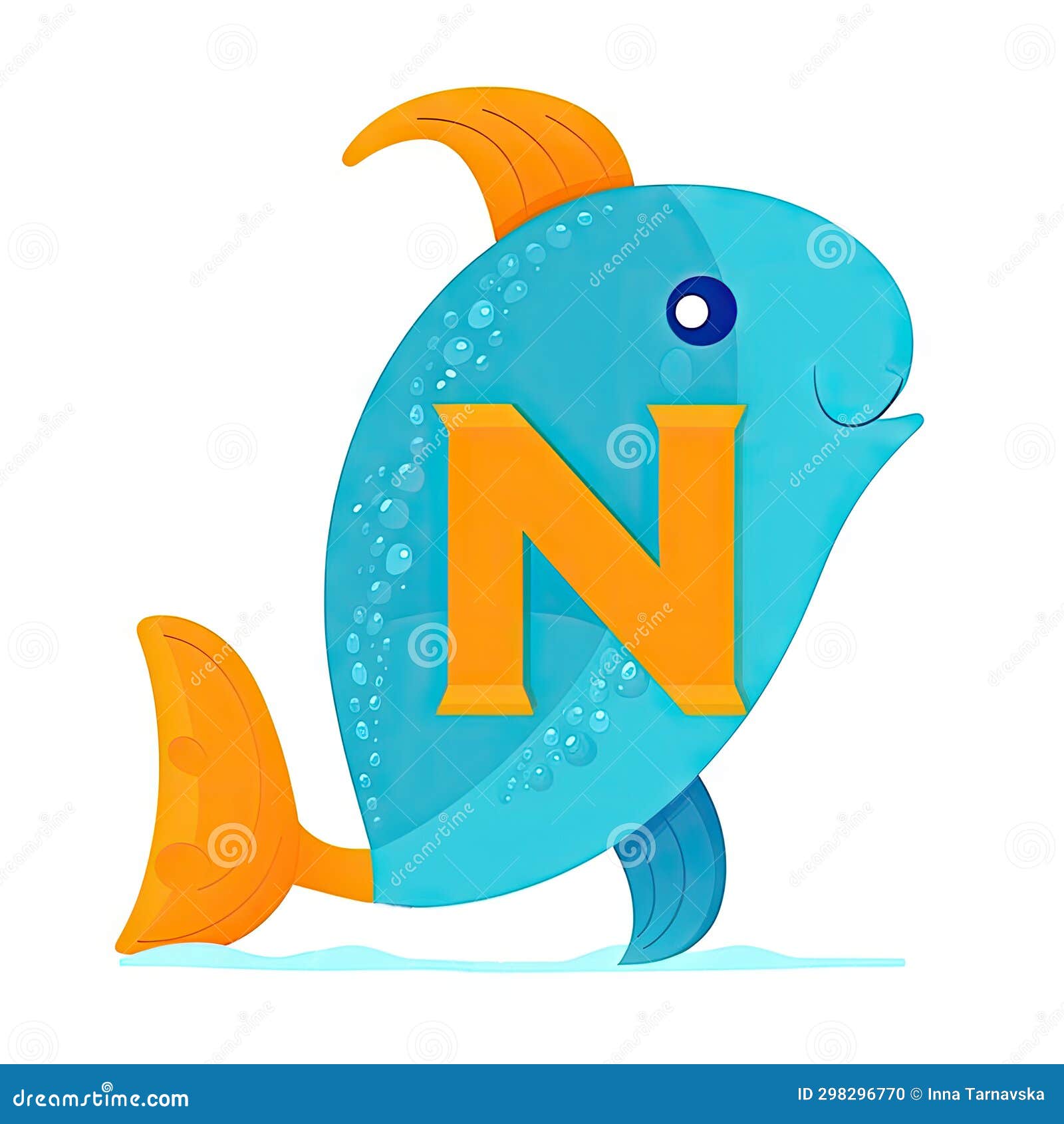 Kids Alphabet with Narval. Cute Blue Cartoon Fish Near Yellow