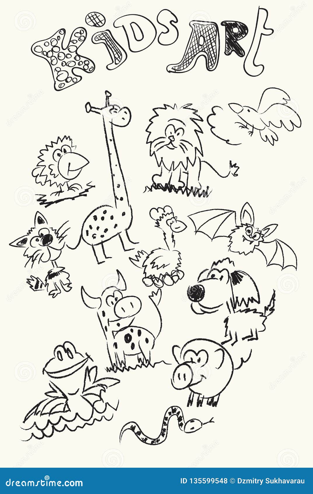 Kids Art. Children`s Drawings of Doodle Animals Stock Vector - Illustration  of vector, monkey: 135599548