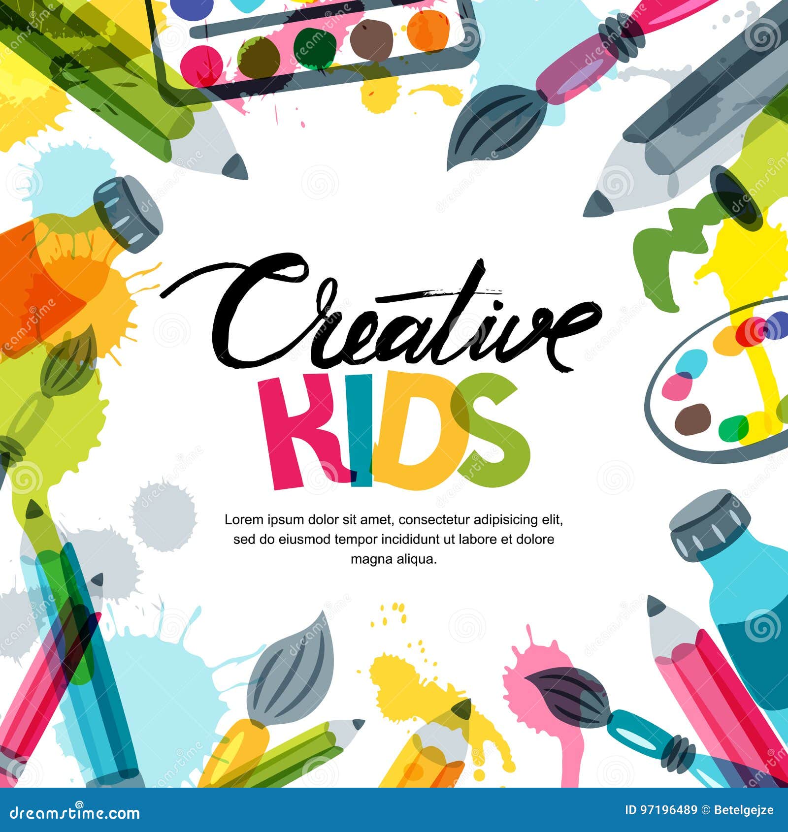 kids art, education, creativity class concept.  banner, poster background with calligraphy, pencil, brush, paints.