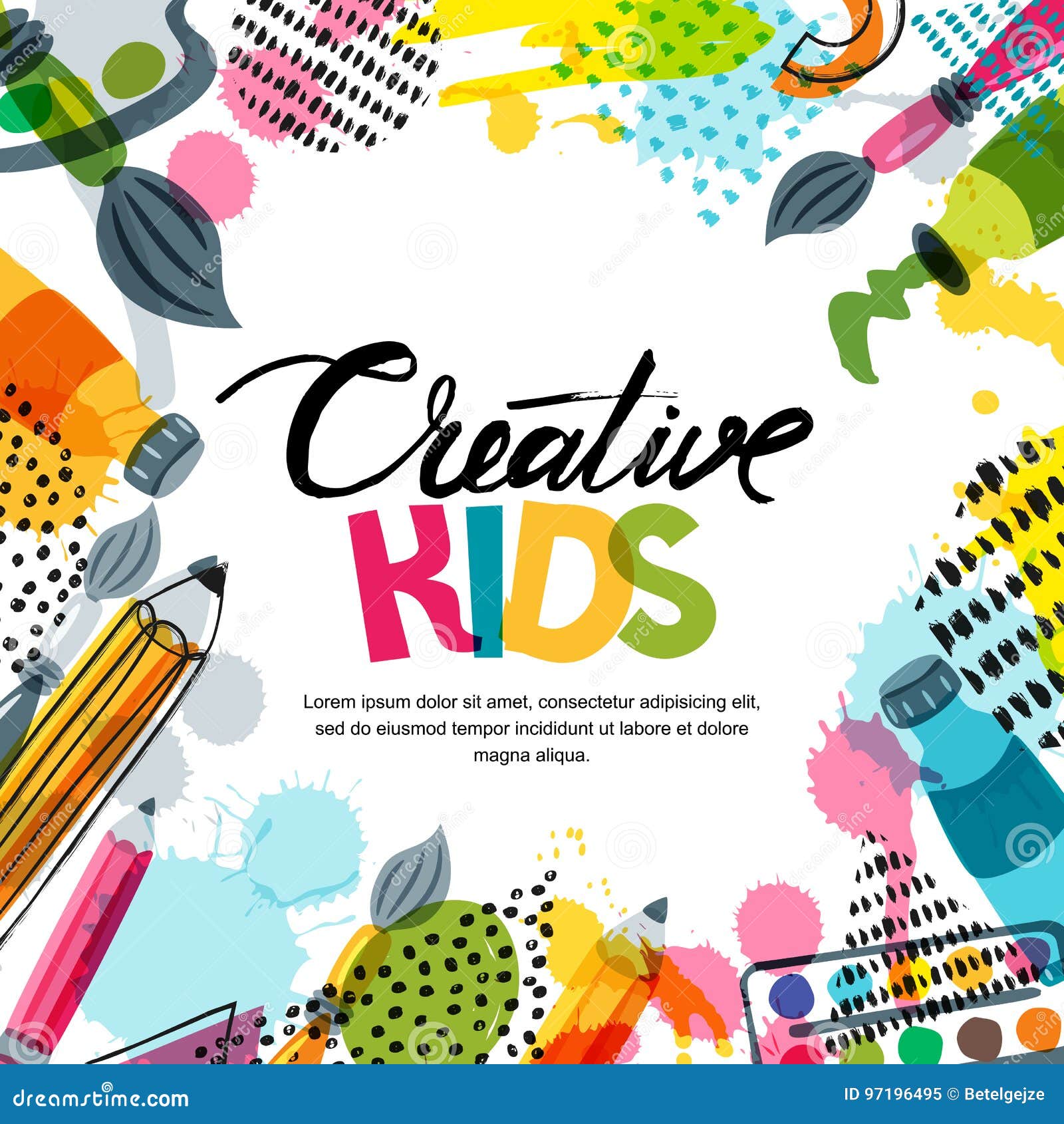 kids art, education, creativity class concept.  banner, poster background with calligraphy, pencil, brush, paints.