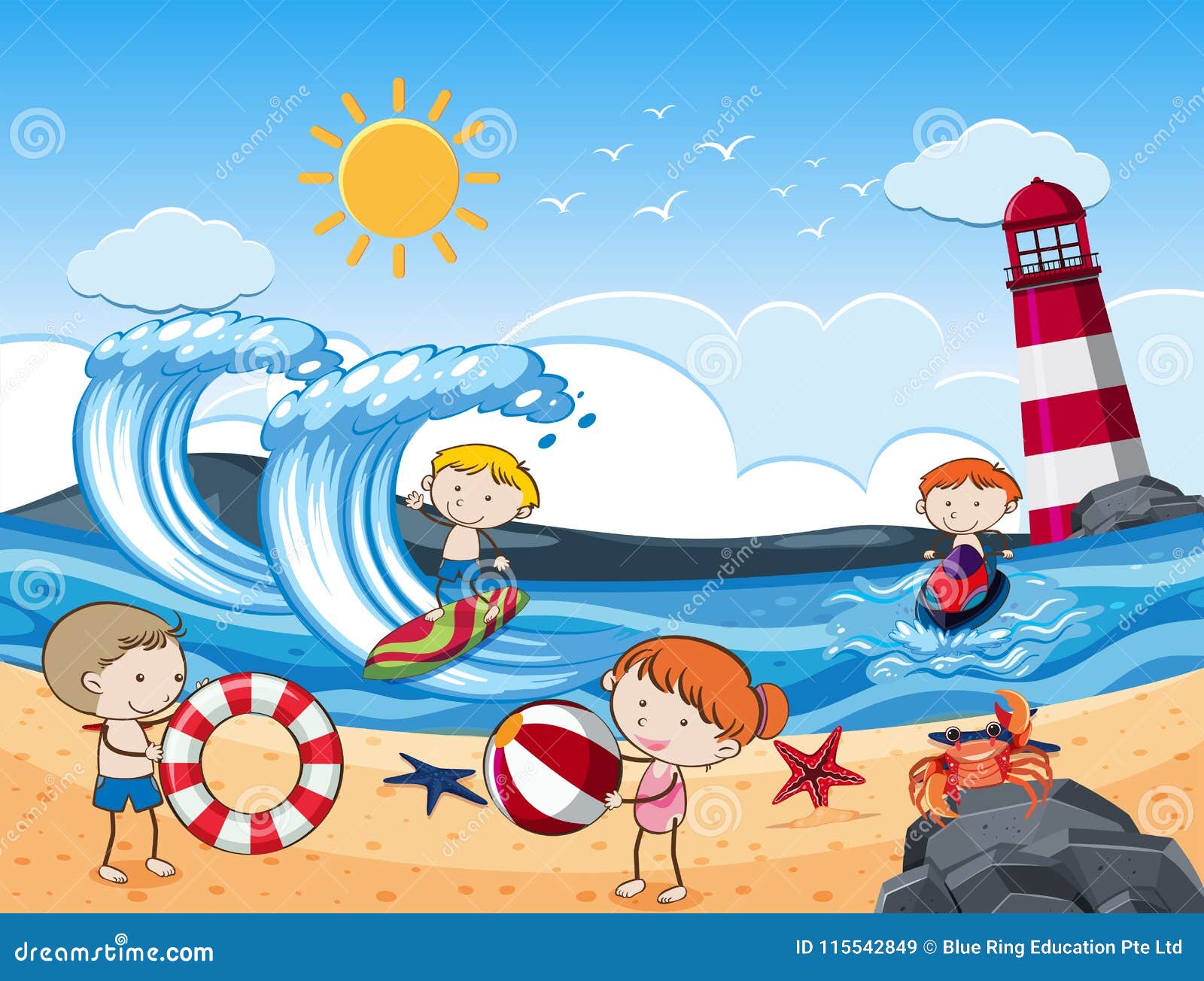 Kids With Beach Activities In Sunny Day Stock Vector - Illustration of