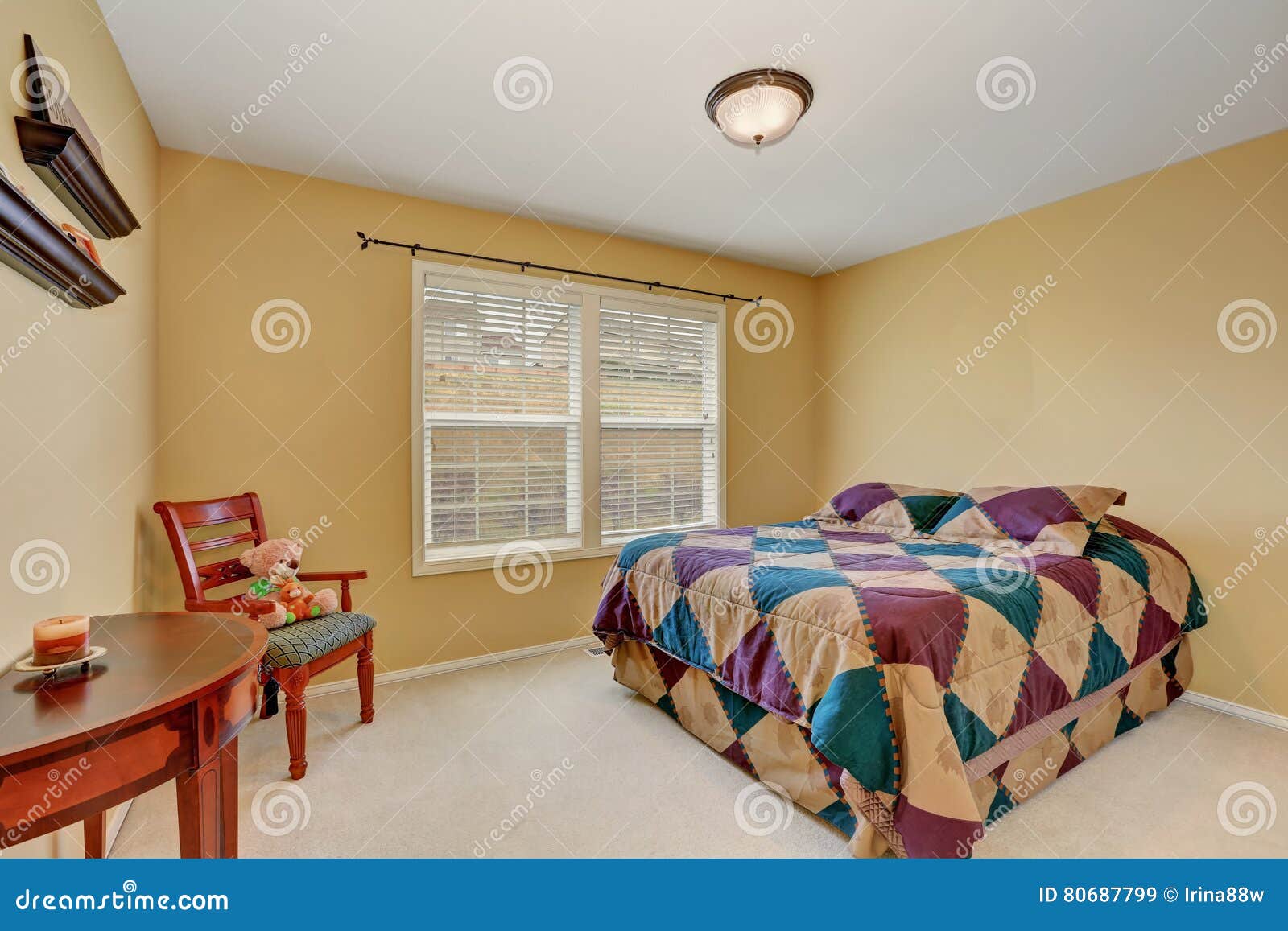 Kids Bedroom with Colorful Bed and Pastel Yellow Walls. Stock Image - Image  of design, pillow: 80687799