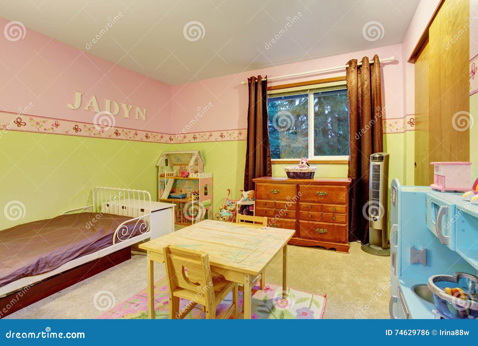 Kids Bedroom With Pink And Green Painted Walls Stock Photo Image Of Royalty Floor 74629786