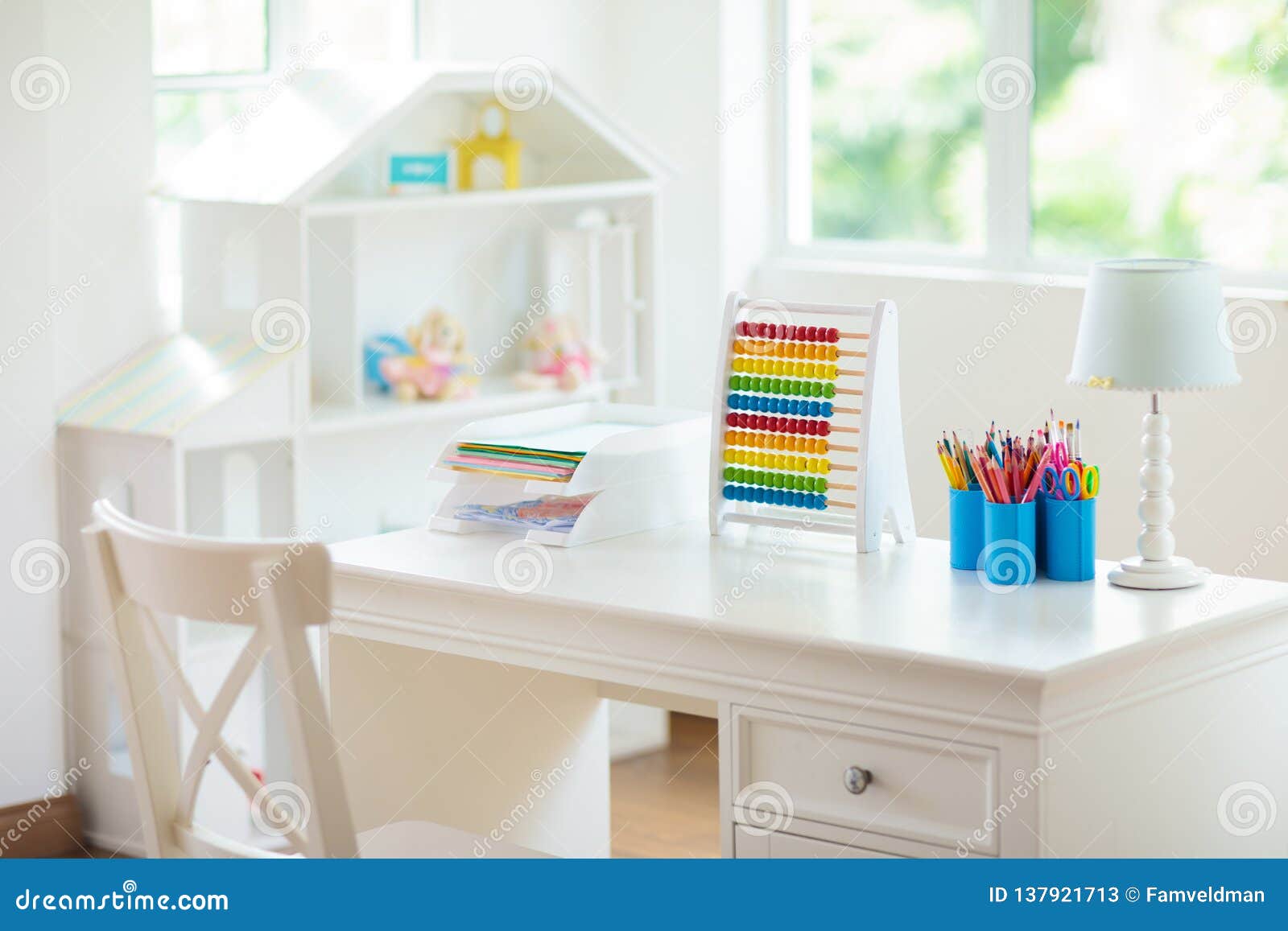 Kids Bedroom With Wooden Desk And Doll House Stock Image Image