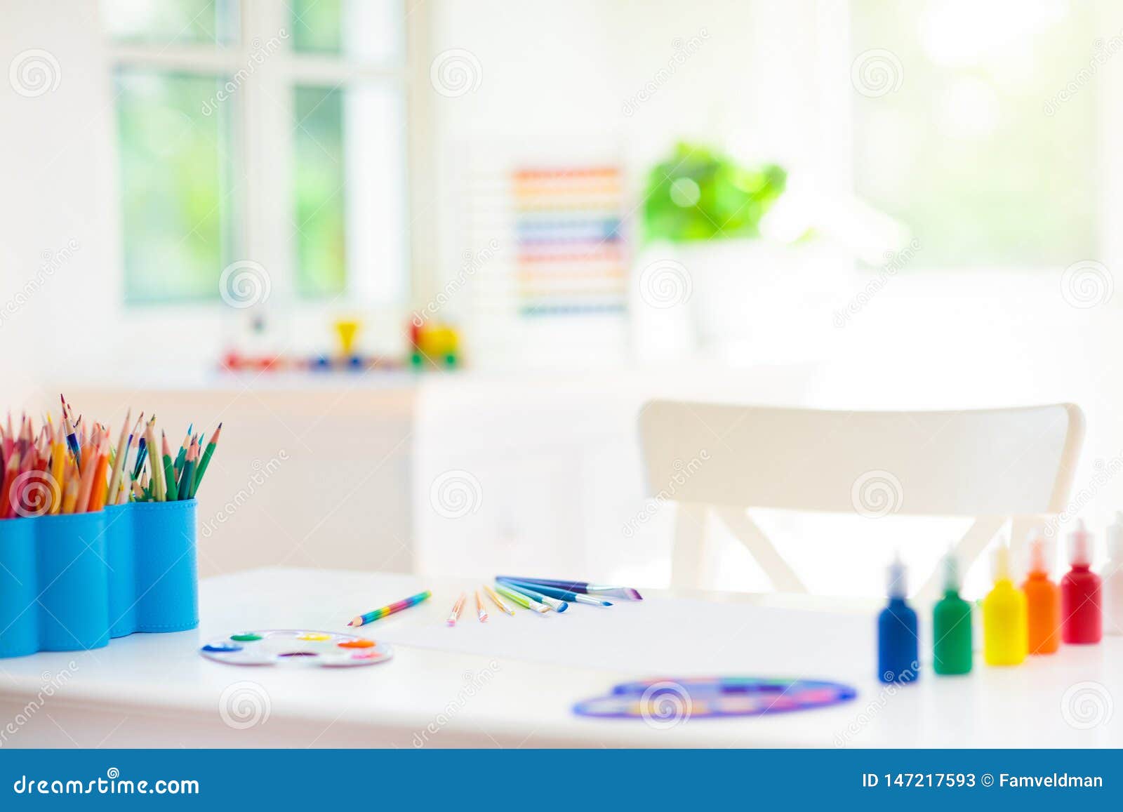 Kids Bedroom With Wooden Paint And Art Supplies Stock Image