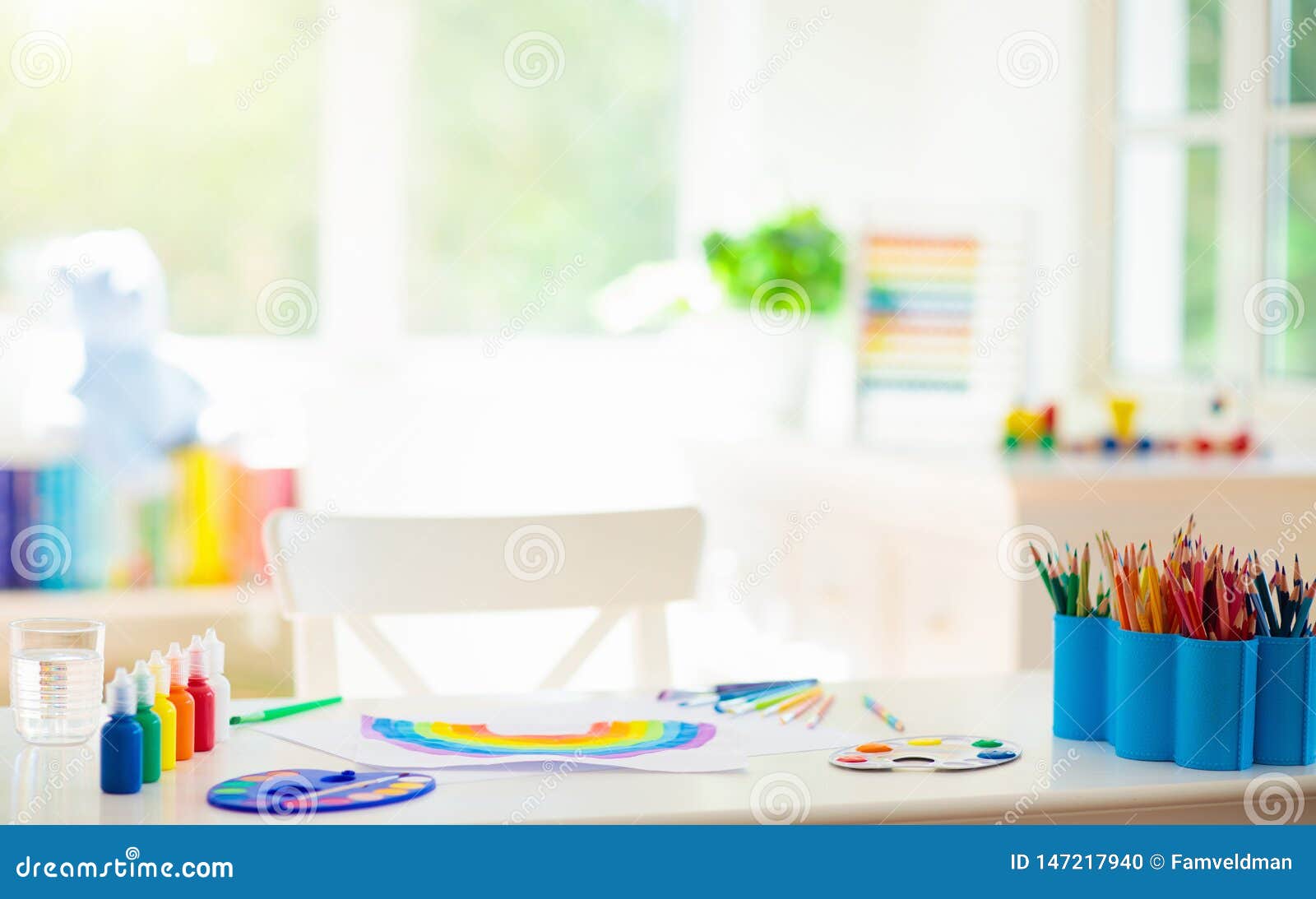 Kids Bedroom With Wooden Paint And Art Supplies Stock Photo