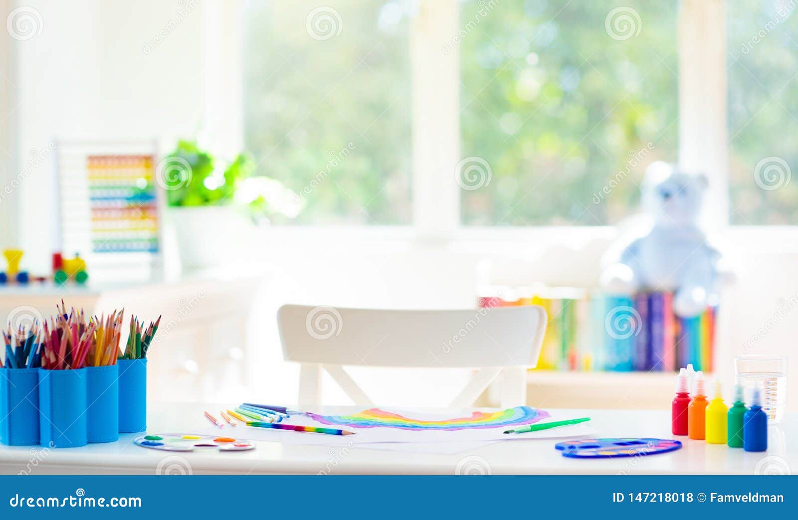 Kids Bedroom With Wooden Paint And Art Supplies Stock Photo