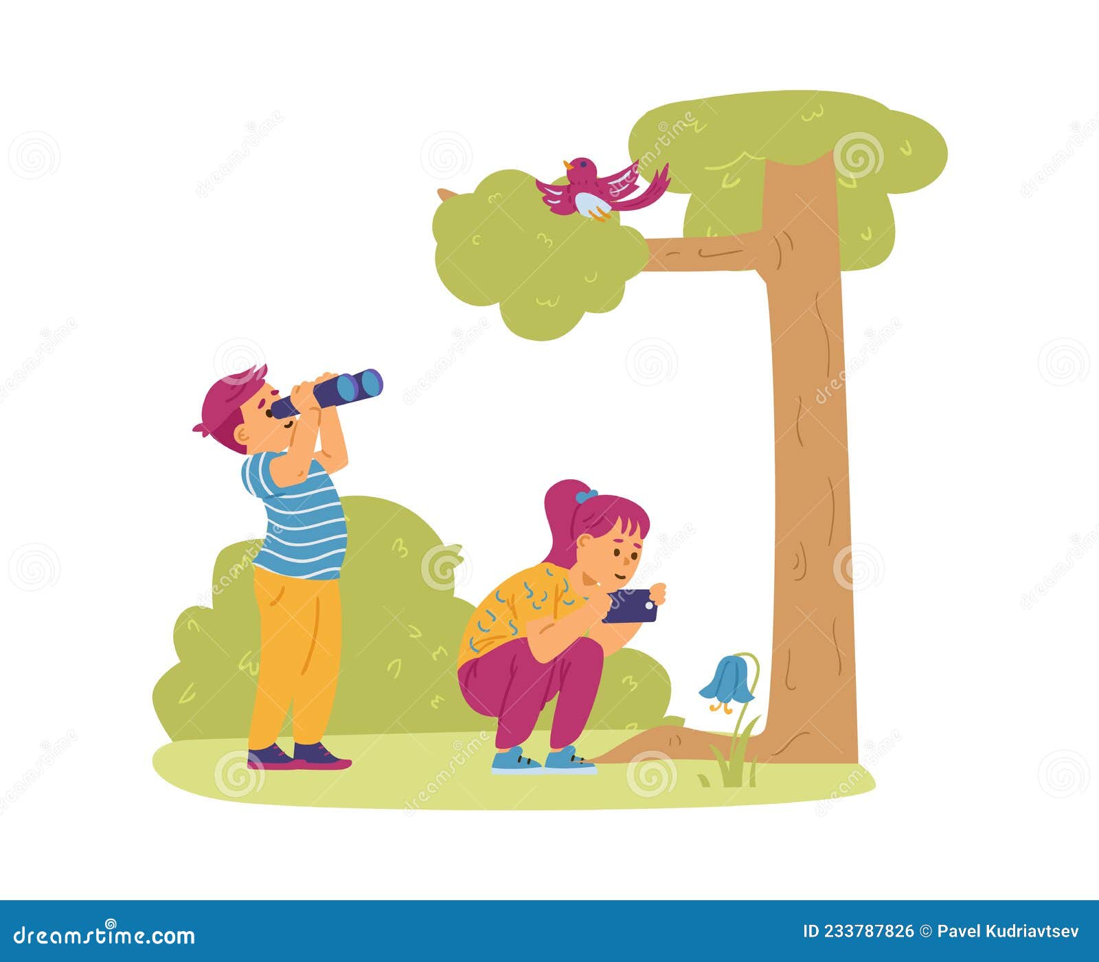 Kids Bird Watching and Take Photos of Bluebell Flower. Boy and Girl Nature the Forest on Summer Vacation. Stock Vector - Illustration of little, biology: