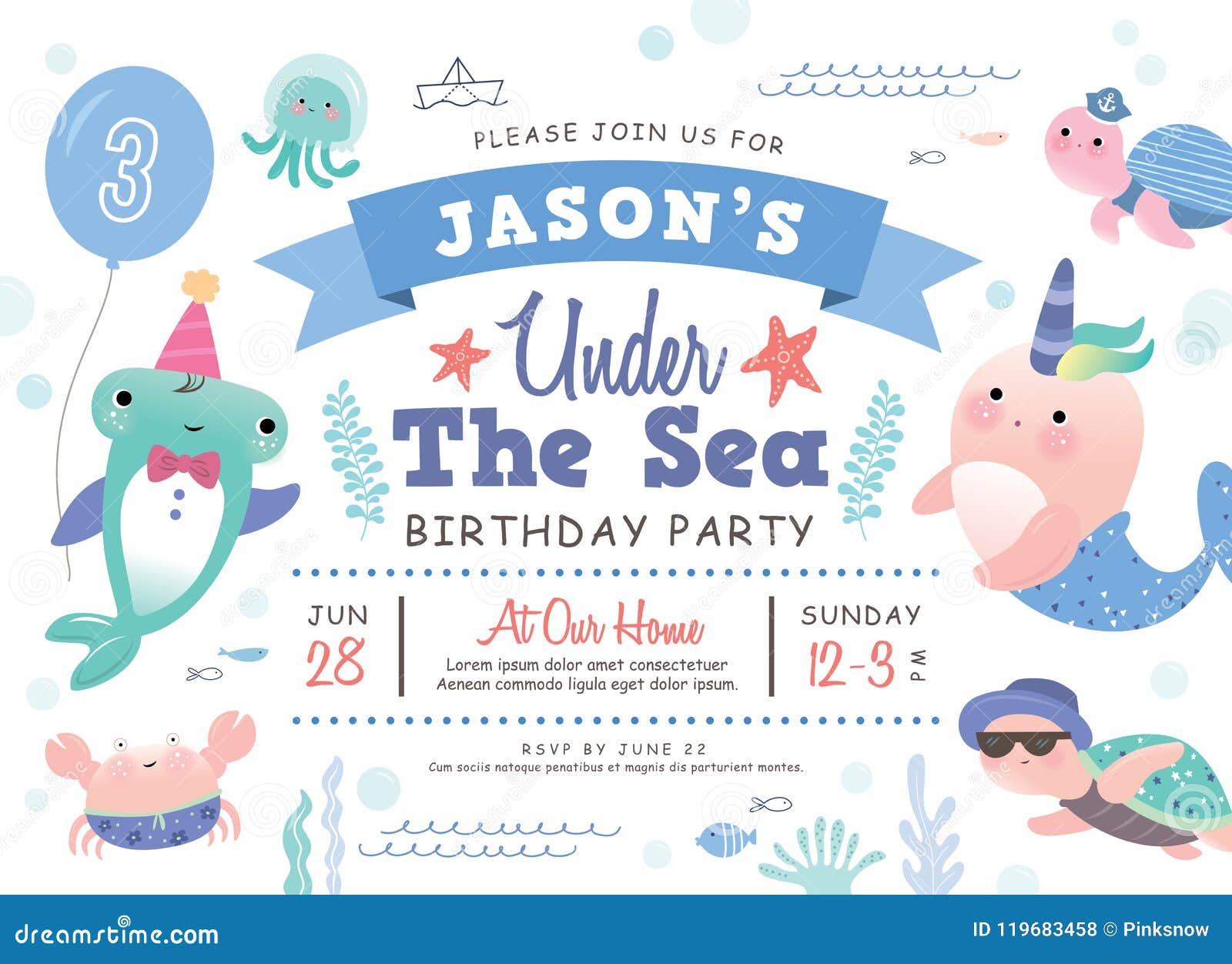 Kids Birthday Party Invitation Card Stock Vector Illustration Of Fish Party