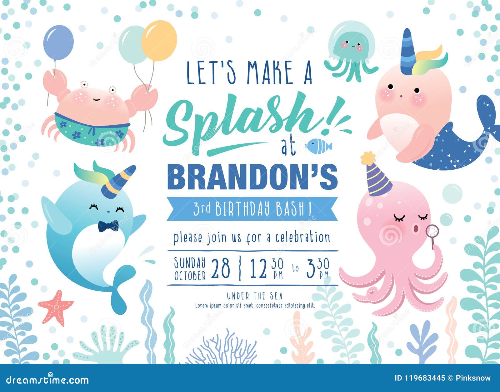 kids under the sea birthday party invitation card