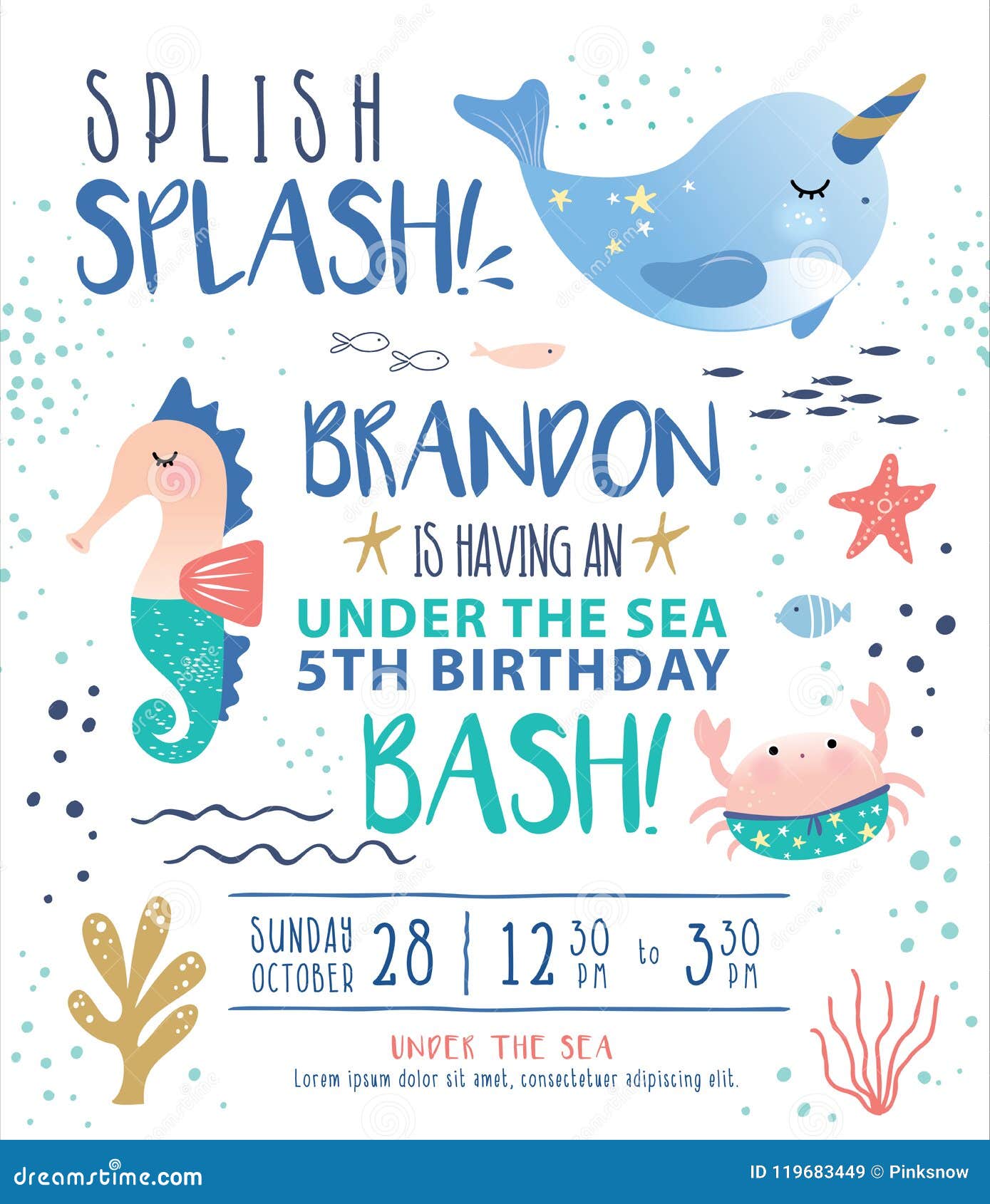 Kids Under the Sea Birthday Party Invitation Card Stock Vector -  Illustration of birthday, fantasy: 119683449