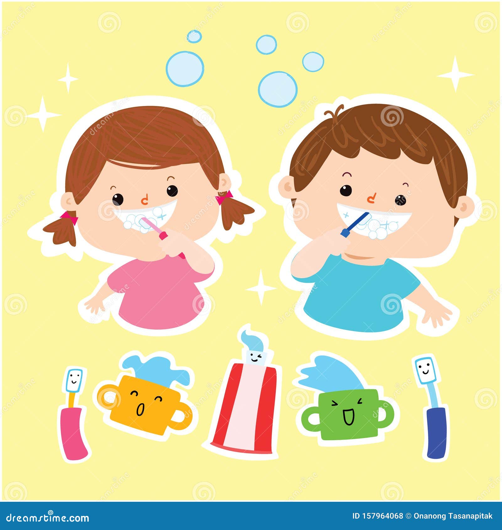 Kids Brushing Teeth Cartoon Vector Stock Vector - Illustration of happy,  oral: 157964068