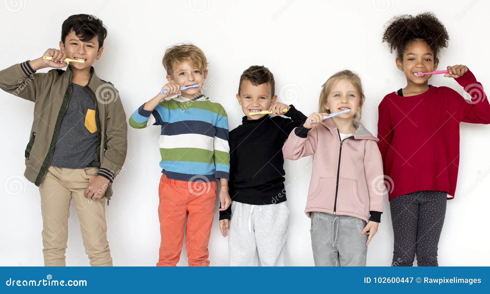 kids brushing their teeth  on white background