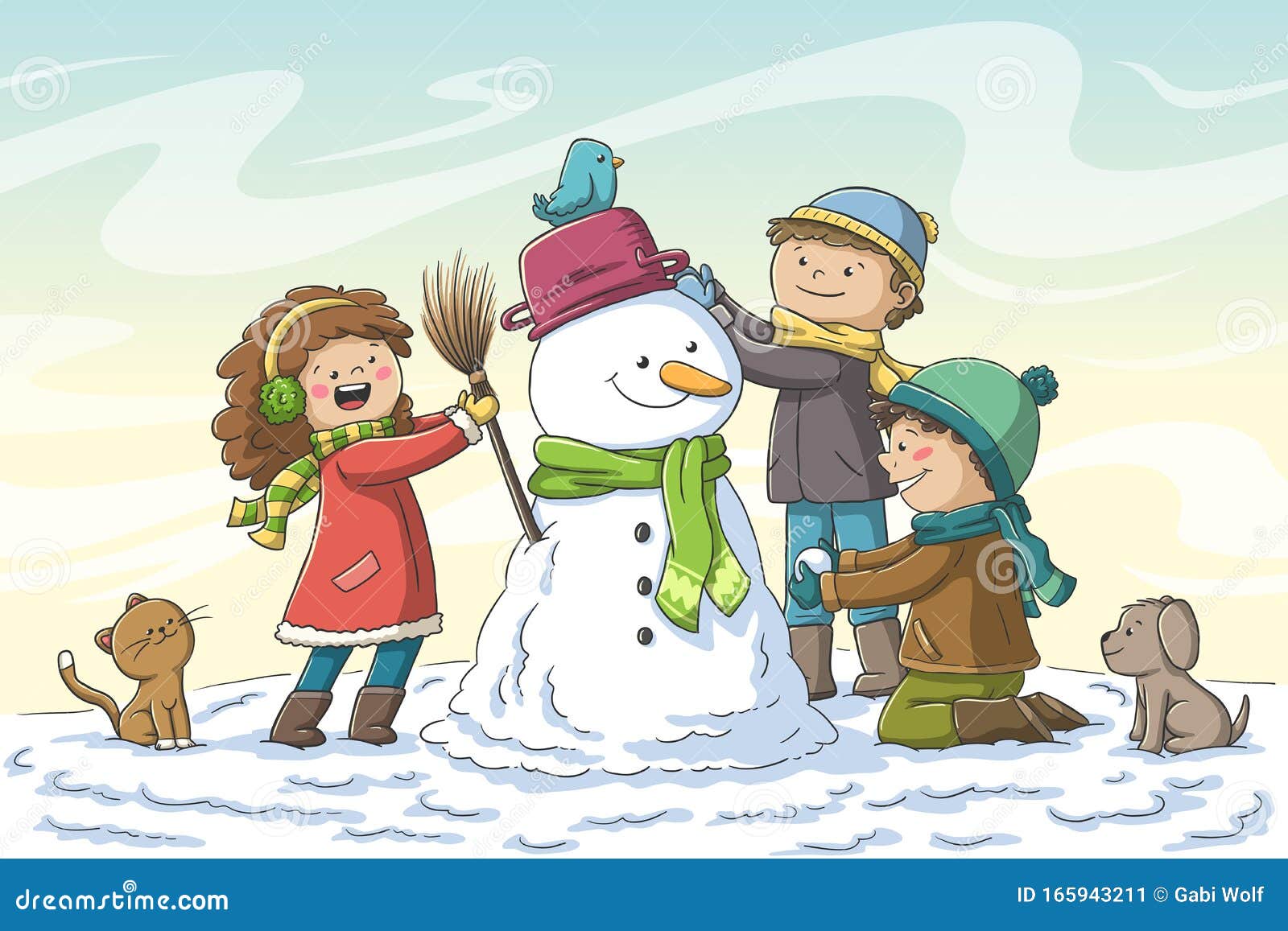 kids build a snowman