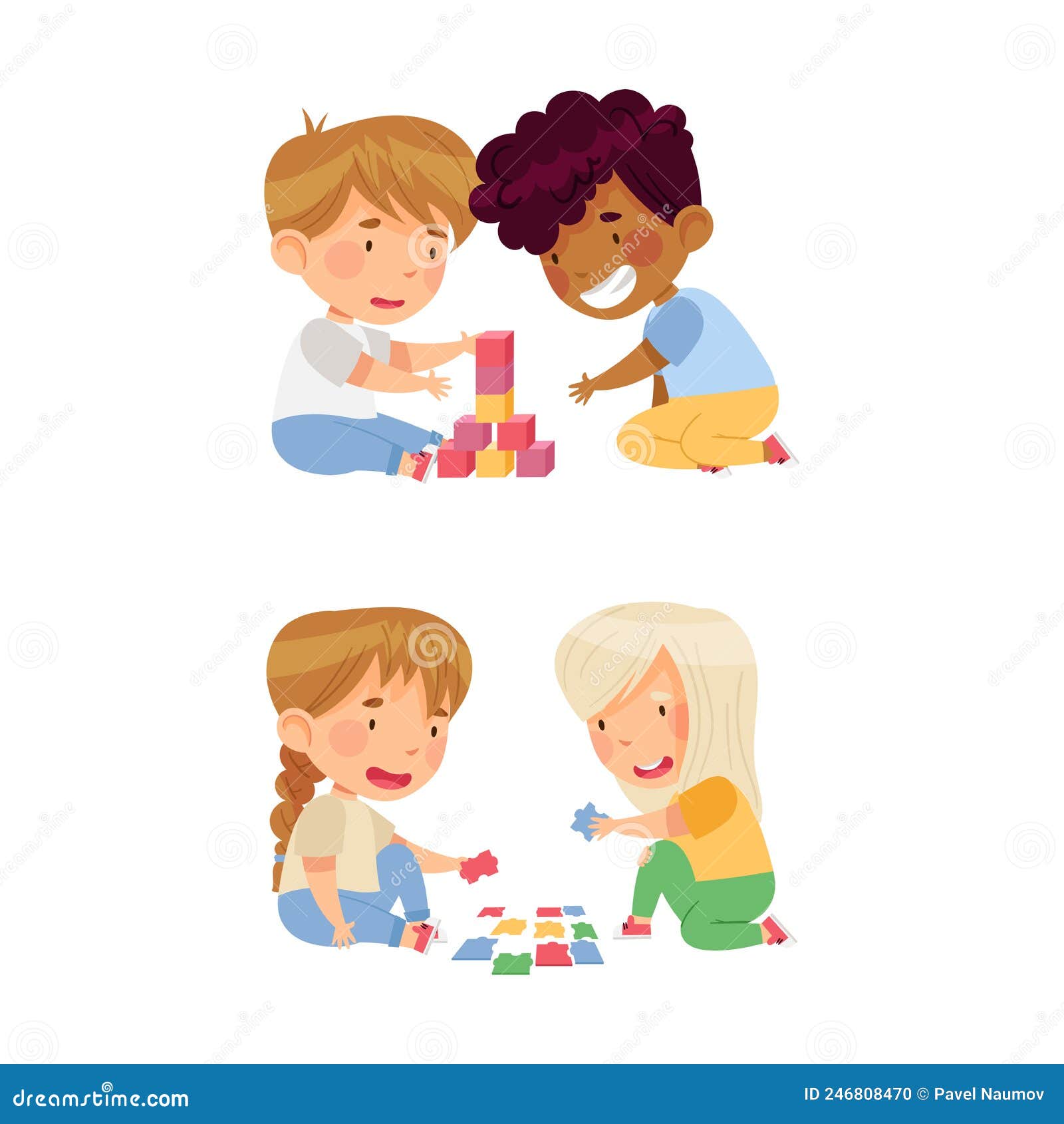 Kids Building with Toy Blocks and Solving Puzzle Together. Education