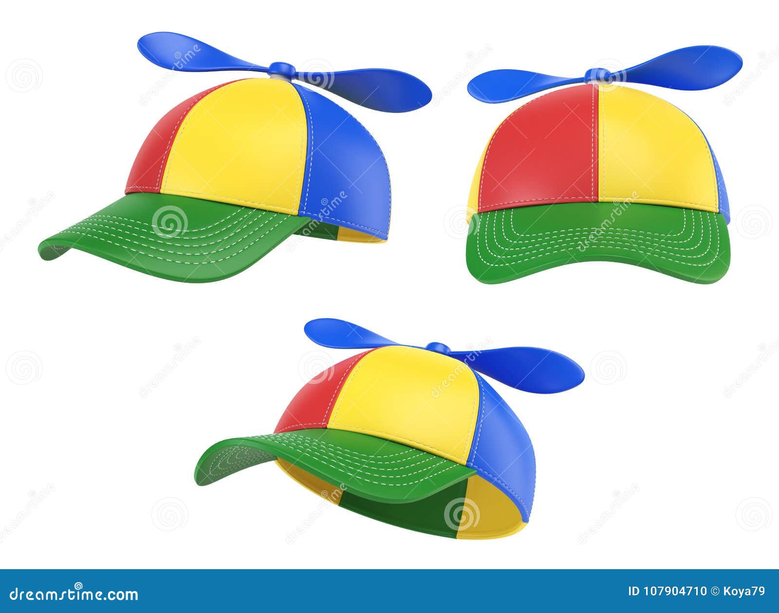 kids cap with propeller, colorful hat, various views, 3d rendering