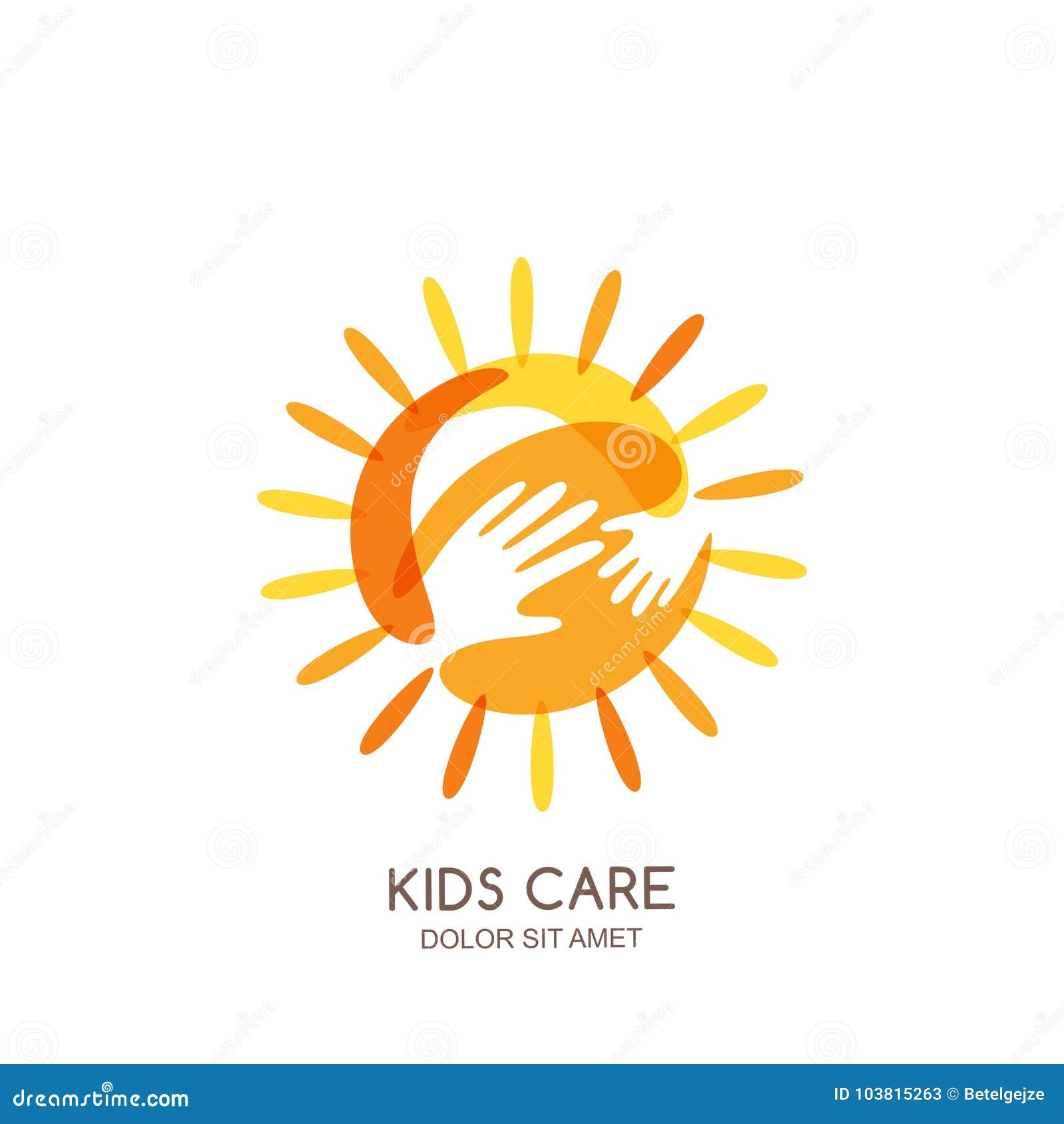 kids care, family or charity logo emblem  template. hand drawn sun with baby and adult hands silhouettes.