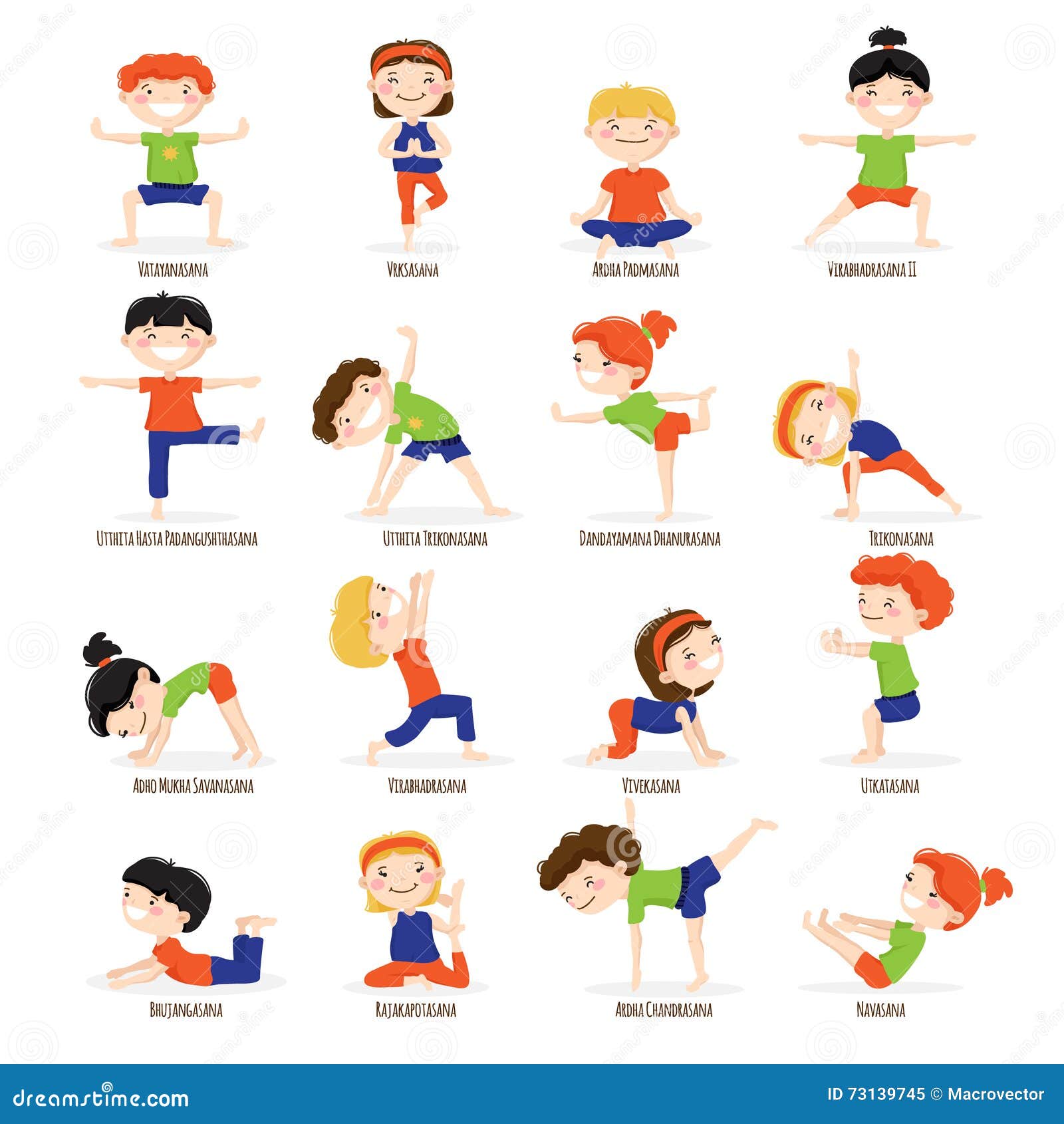 kids children yoga poses cartoon set cute boys girls top asanas icons collection vector illustration 73139745