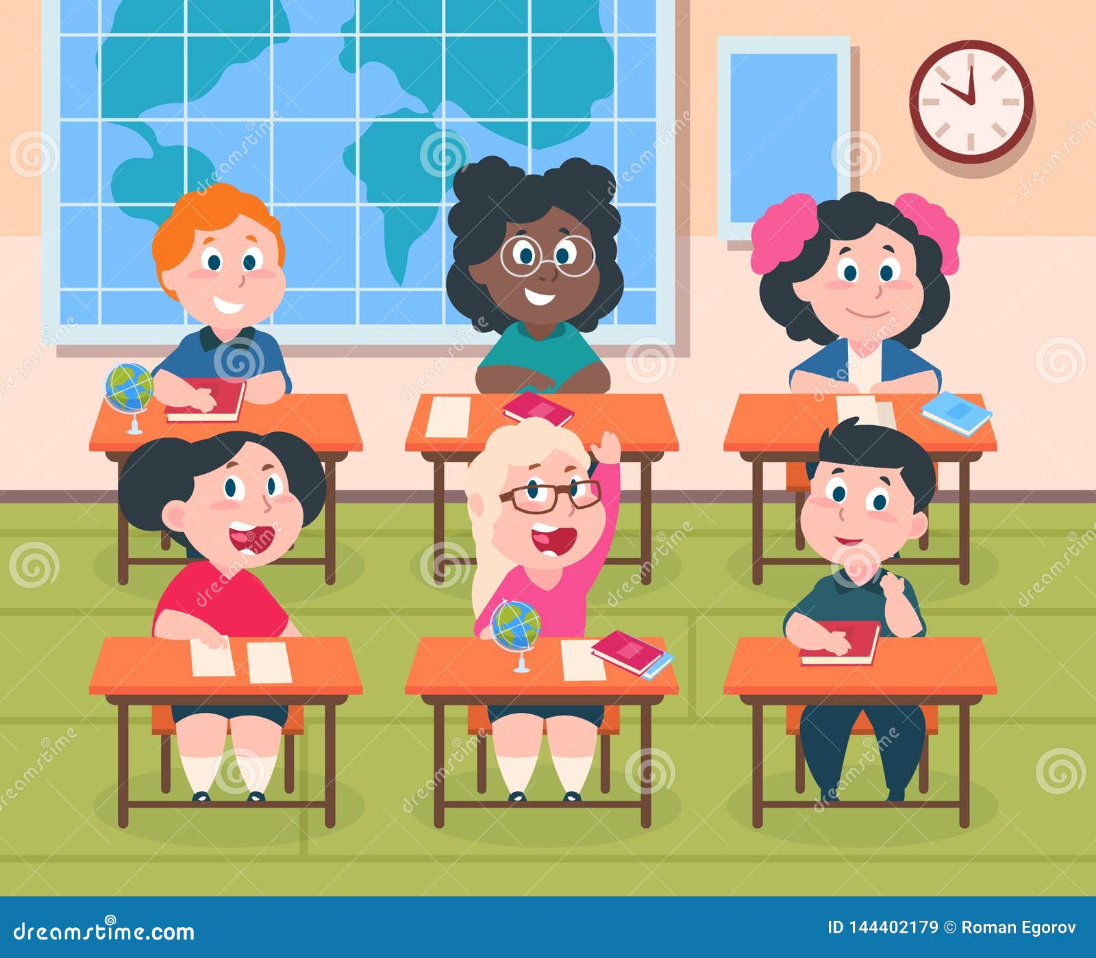 Kids in Classroom. Cartoon Children in School Studying Reading and Writing,  Cute Happy Girls and Boys Stock Vector - Illustration of interior, reading:  144402179