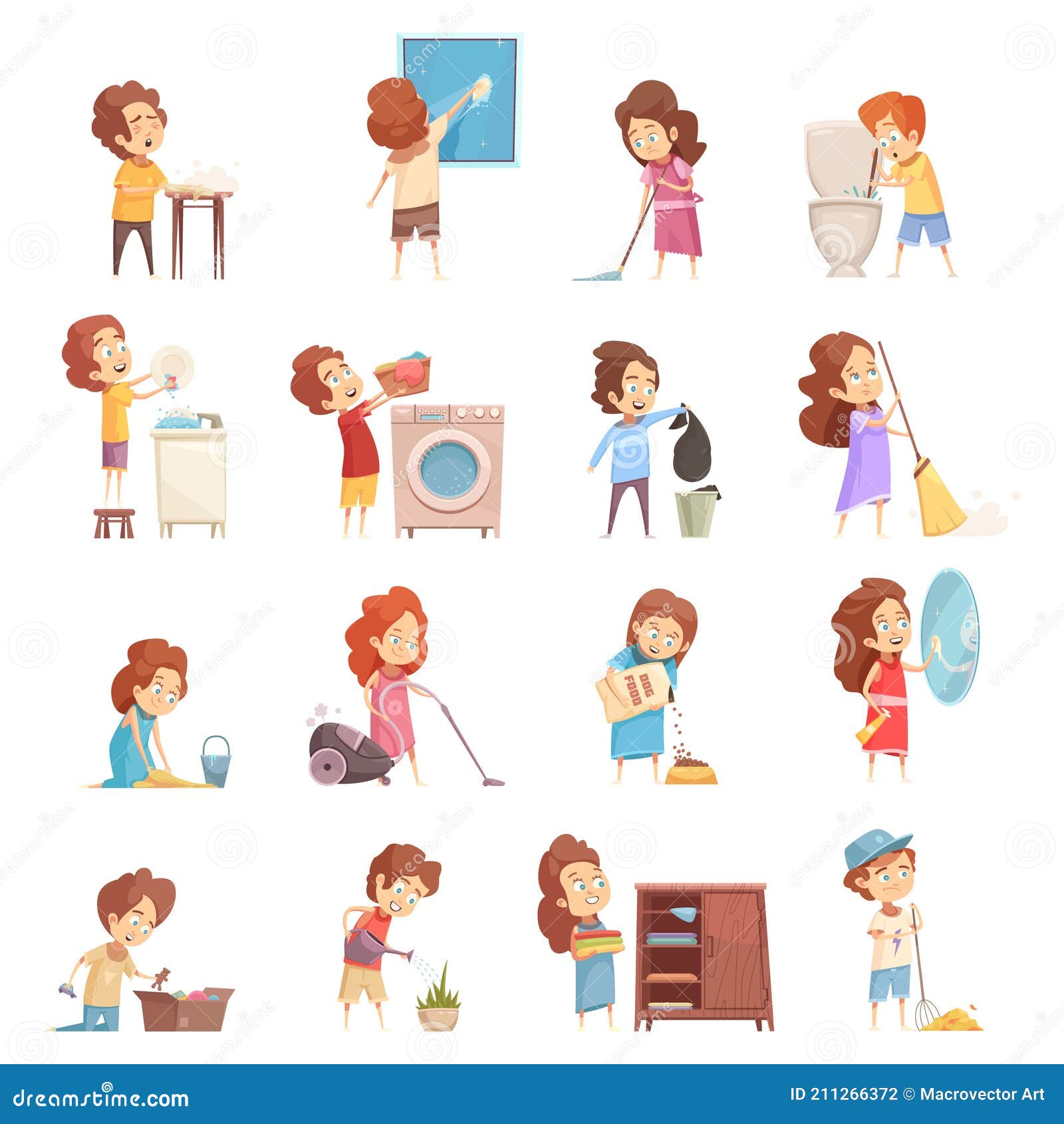 Kids Cleaning Cartoon Icons Set Stock Vector - Illustration of dish, floor:  211266372