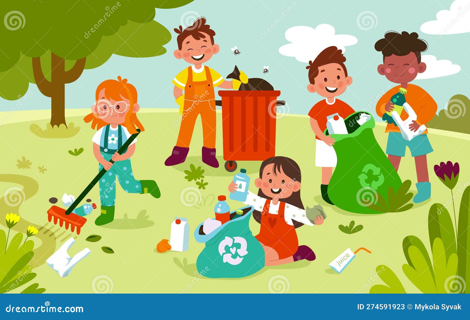 Kids Cleaning Garden Flat Illustrations Set. Stock Vector ...