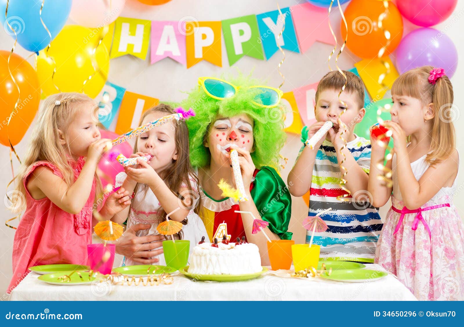 Kids And Clown Celebrate Birthday Party Stock Photo - Image of glasses