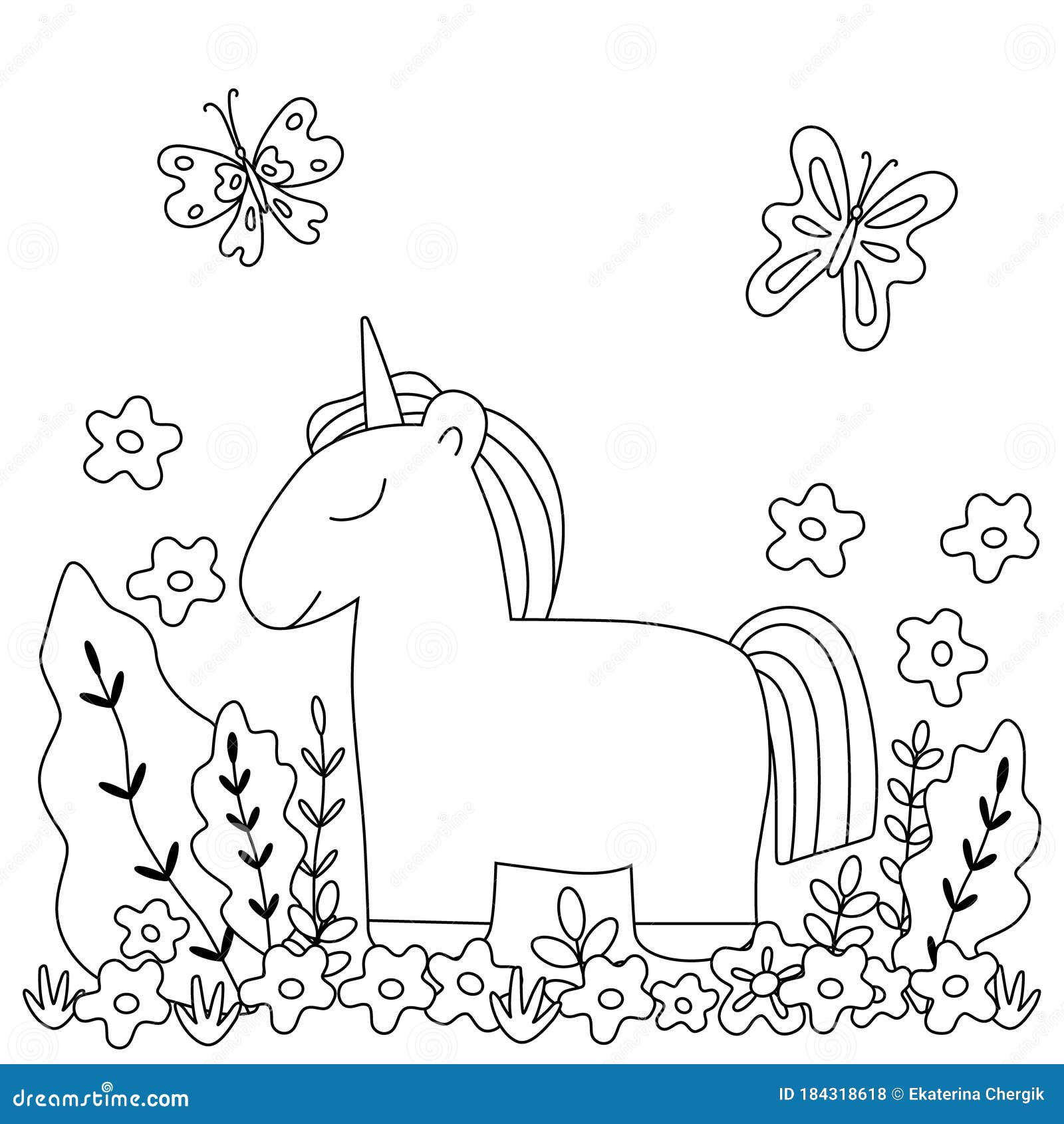 Kids Coloring Book with Unicorn, Butterflies. Stock Vector ...